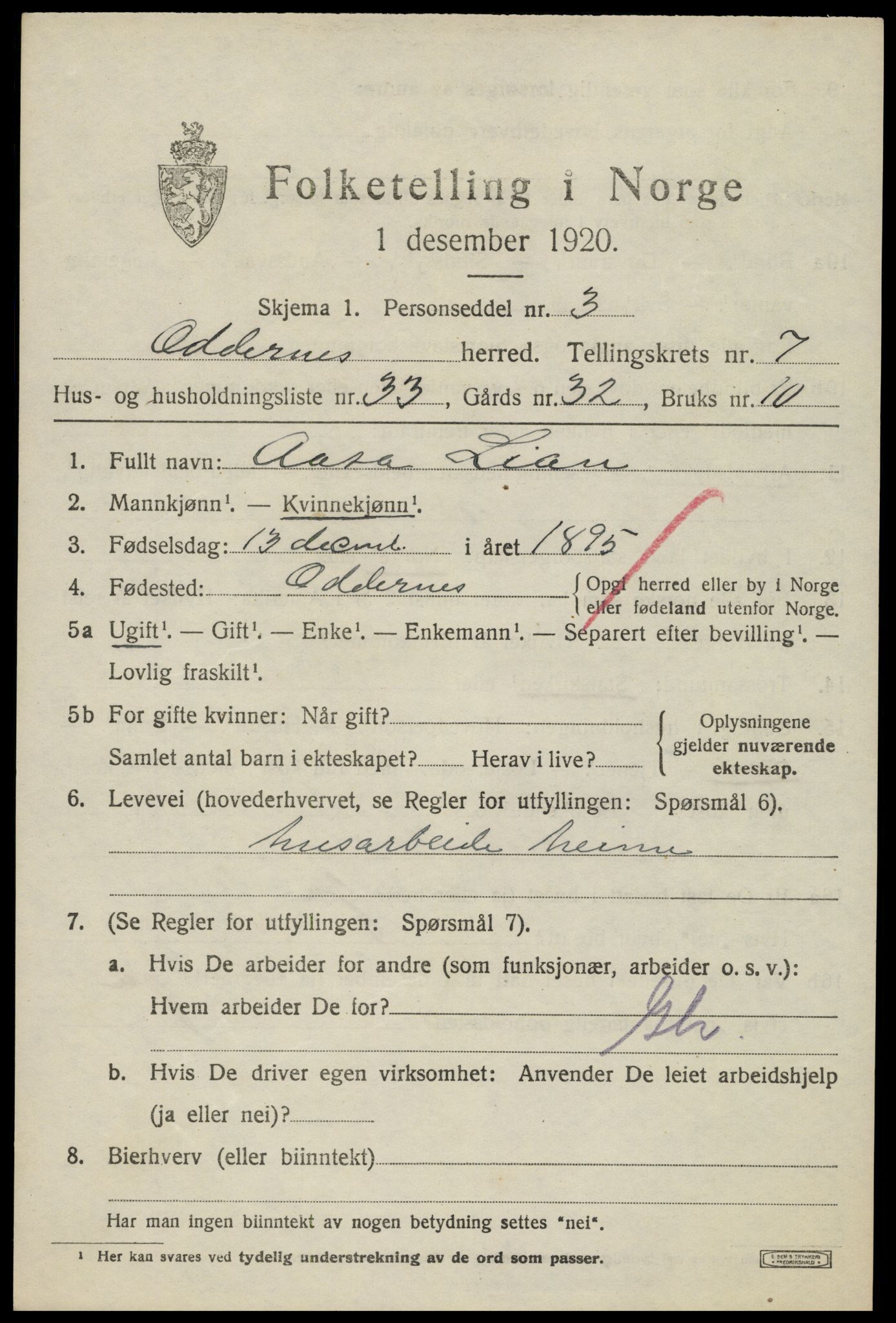 SAK, 1920 census for Oddernes, 1920, p. 5557