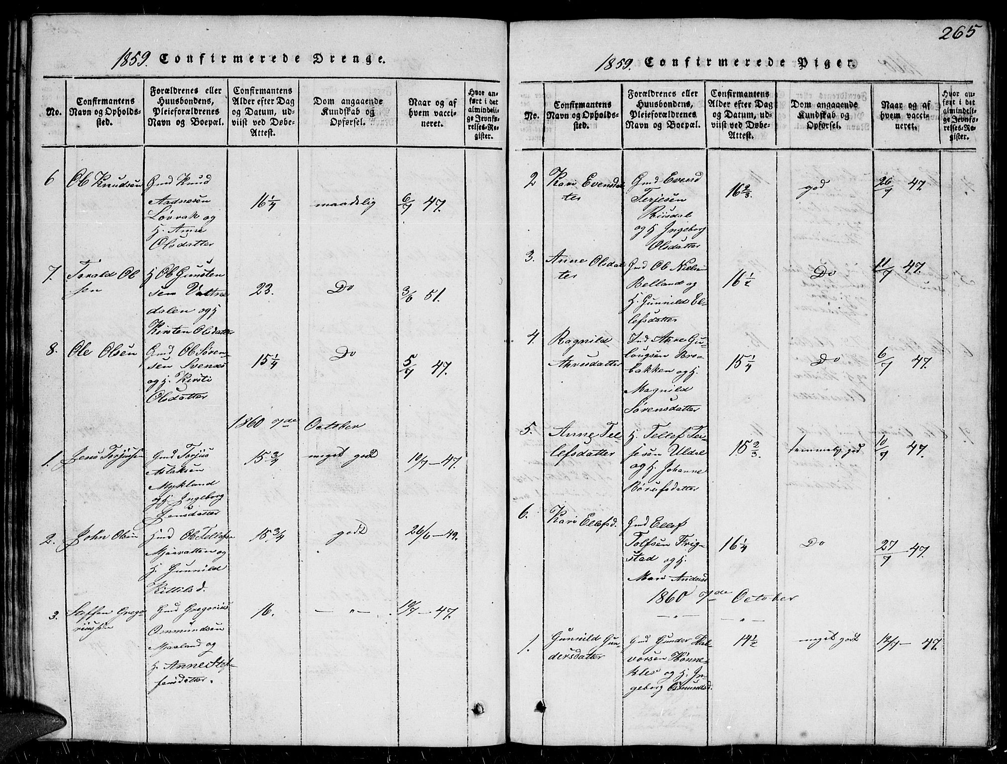 Herefoss sokneprestkontor, SAK/1111-0019/F/Fb/Fbc/L0001: Parish register (copy) no. B 1, 1816-1866, p. 265
