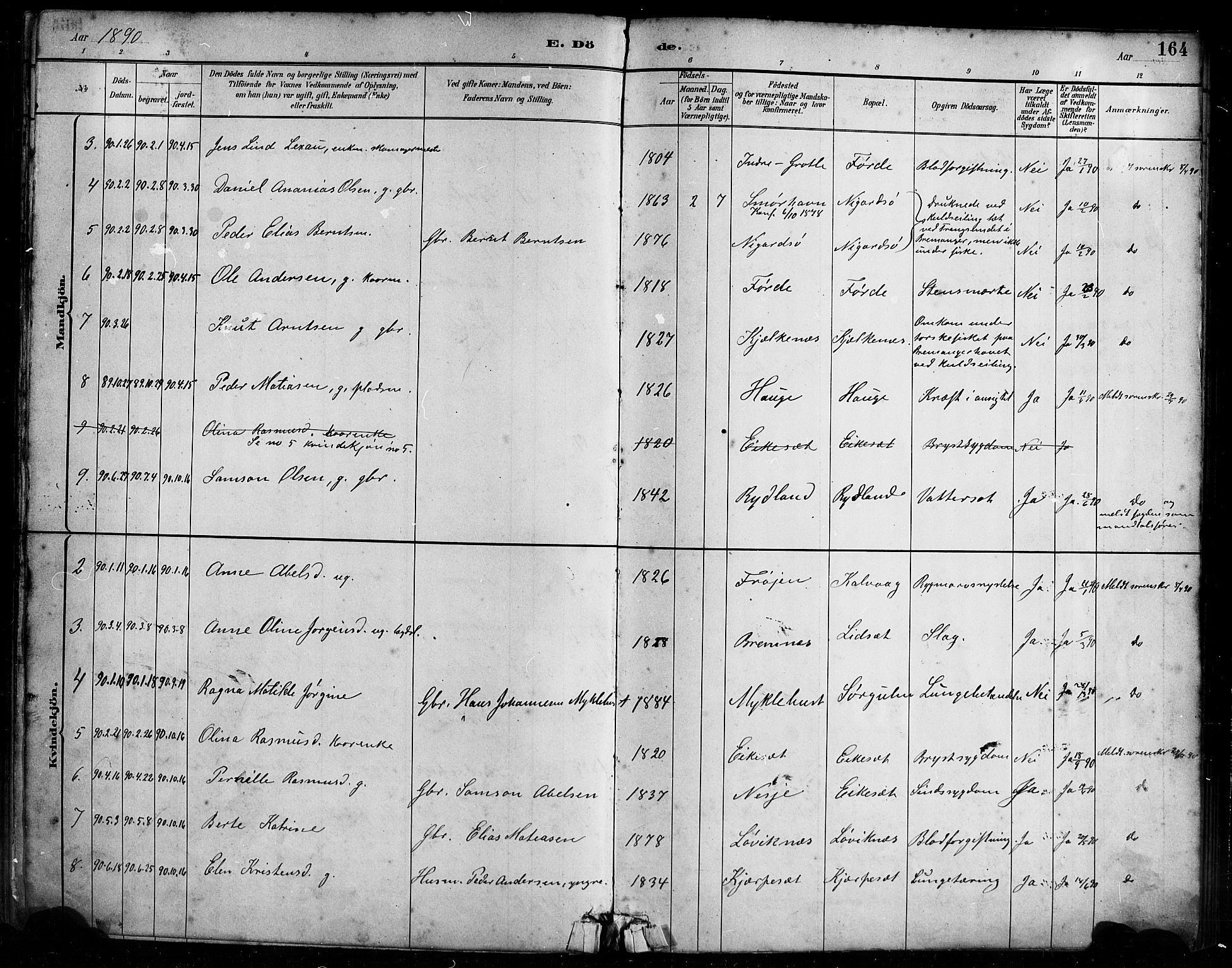 Bremanger sokneprestembete, AV/SAB-A-82201/H/Haa/Haab/L0001: Parish register (official) no. B 1, 1884-1895, p. 164