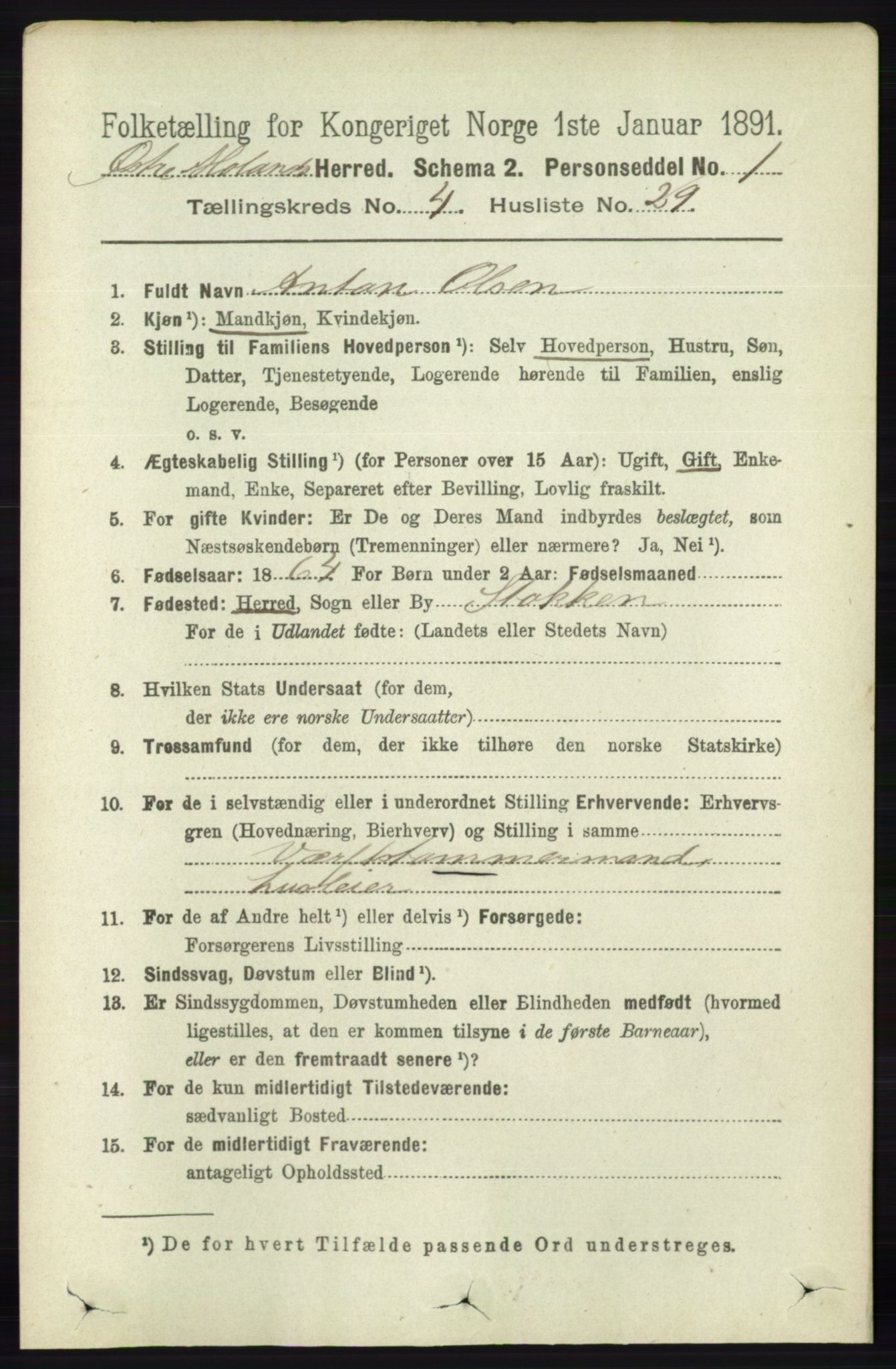 RA, 1891 census for 0918 Austre Moland, 1891, p. 2217