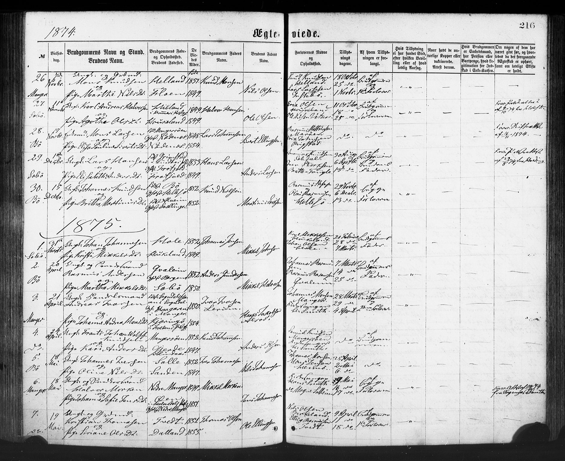 Manger sokneprestembete, SAB/A-76801/H/Haa: Parish register (official) no. A 8, 1871-1880, p. 216