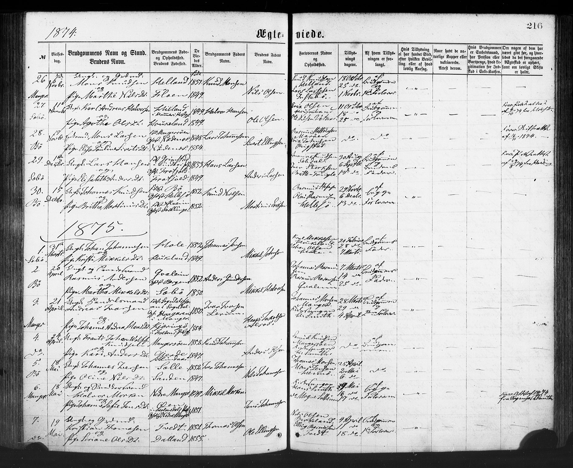 Manger sokneprestembete, AV/SAB-A-76801/H/Haa: Parish register (official) no. A 8, 1871-1880, p. 216