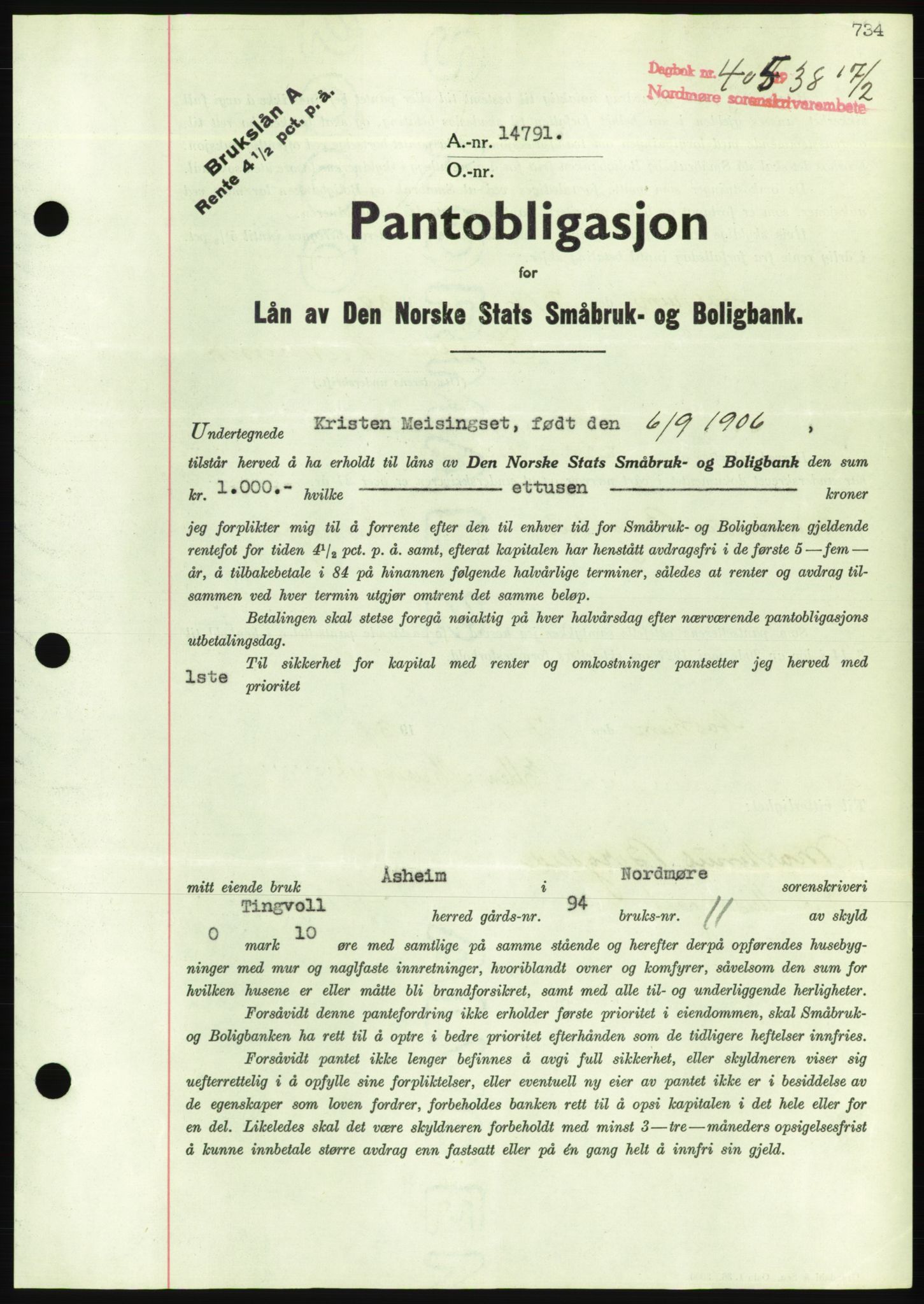 Nordmøre sorenskriveri, AV/SAT-A-4132/1/2/2Ca/L0092: Mortgage book no. B82, 1937-1938, Diary no: : 405/1938