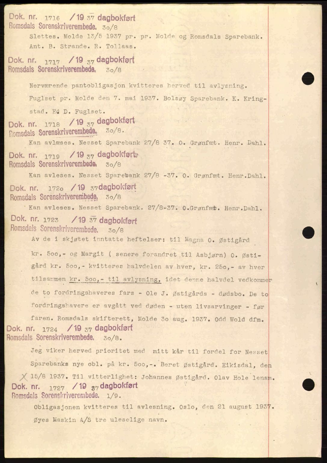 Romsdal sorenskriveri, AV/SAT-A-4149/1/2/2C: Mortgage book no. C1a, 1936-1945, Diary no: : 1716/1937