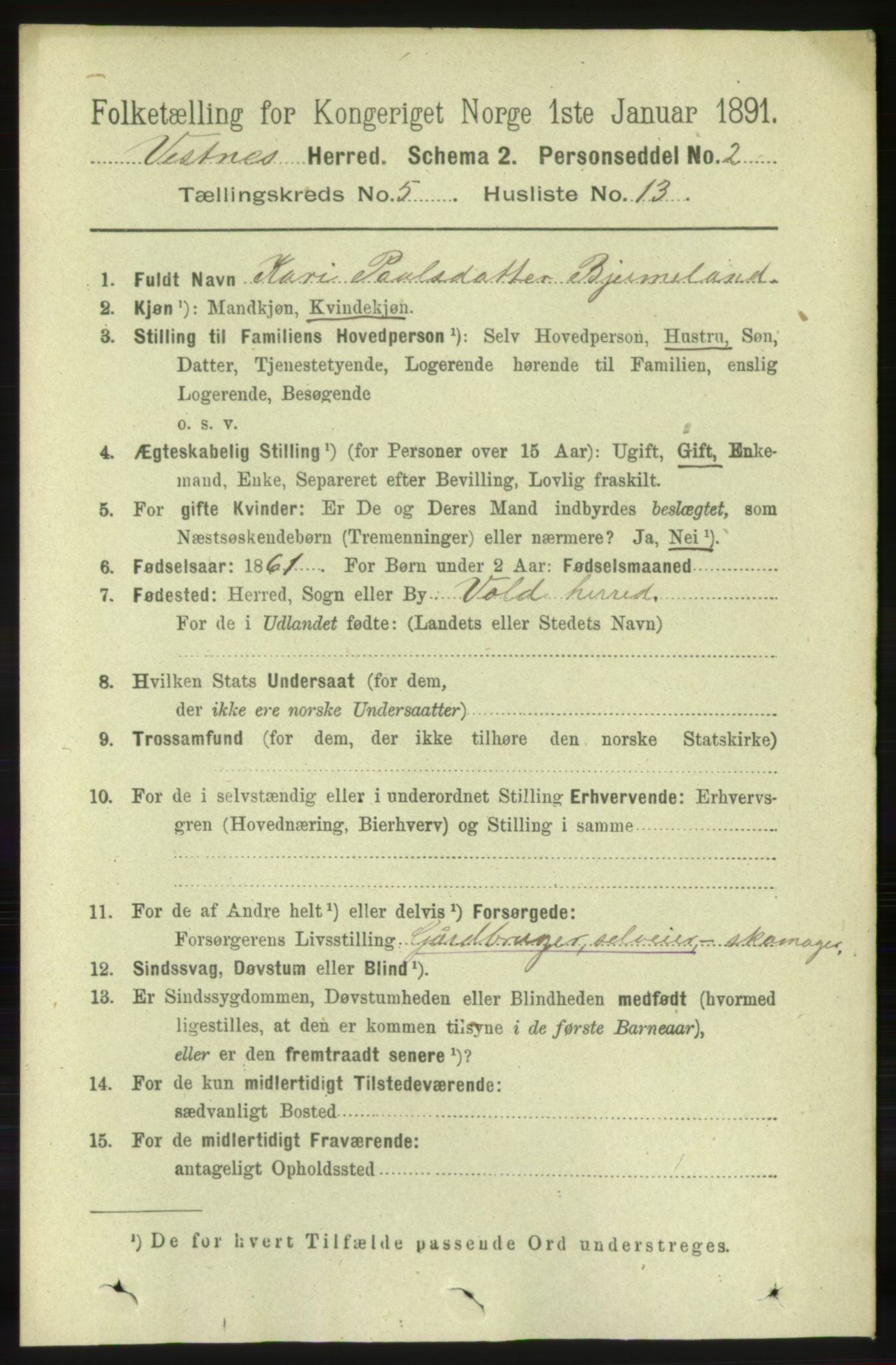 RA, 1891 census for 1535 Vestnes, 1891, p. 1882