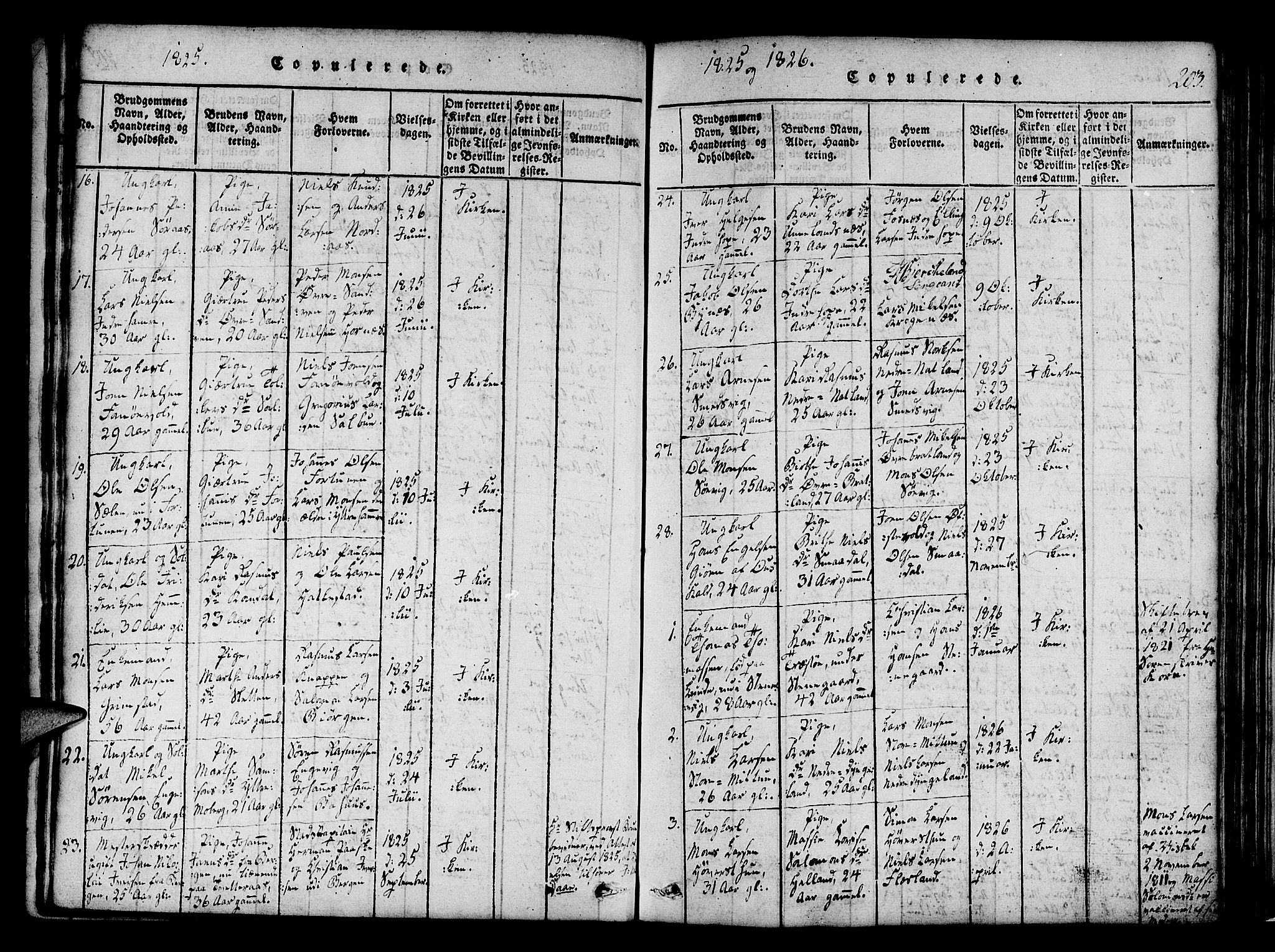 Fana Sokneprestembete, SAB/A-75101/H/Haa/Haaa/L0007: Parish register (official) no. A 7, 1816-1828, p. 203
