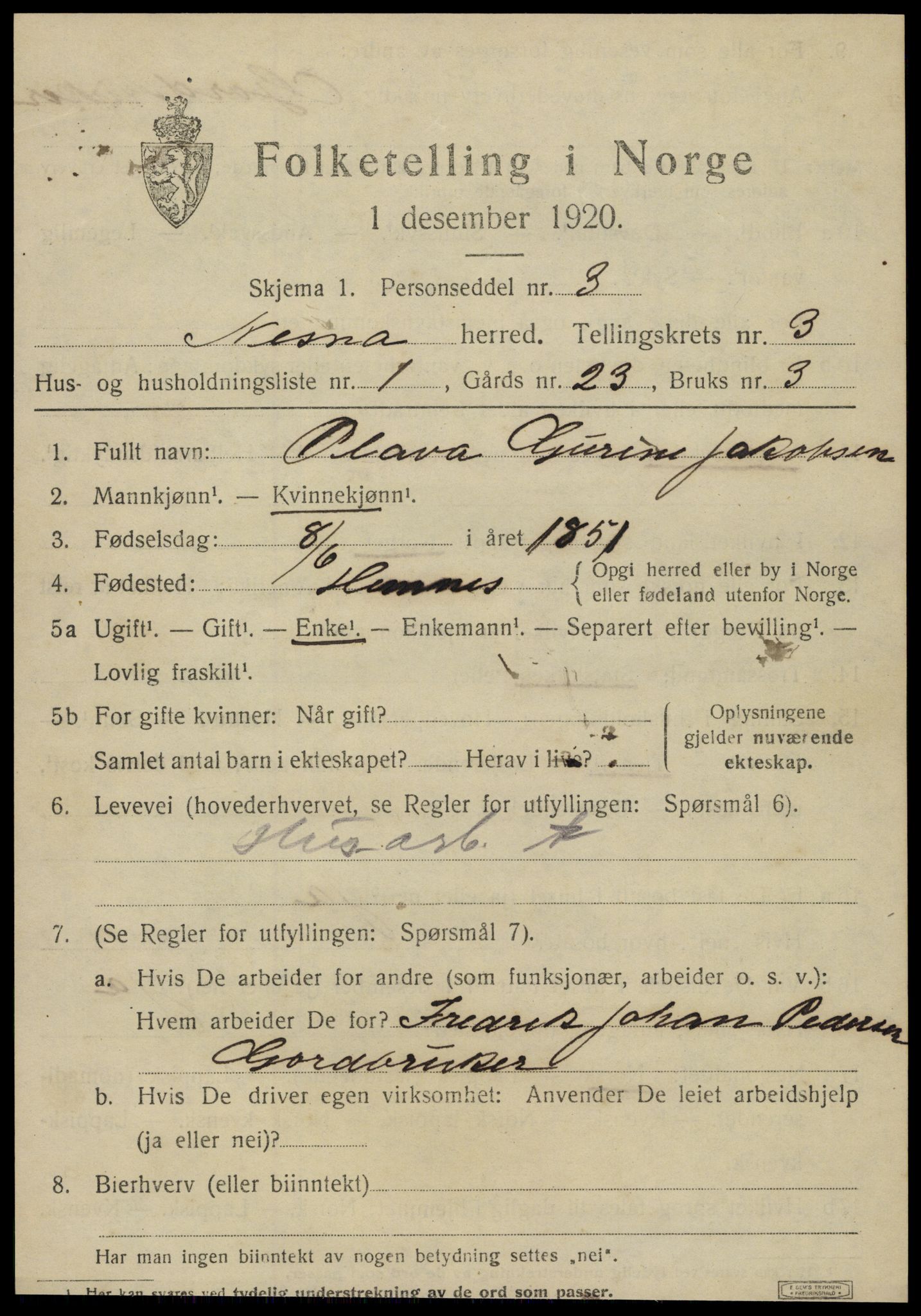 SAT, 1920 census for Nesna, 1920, p. 2563