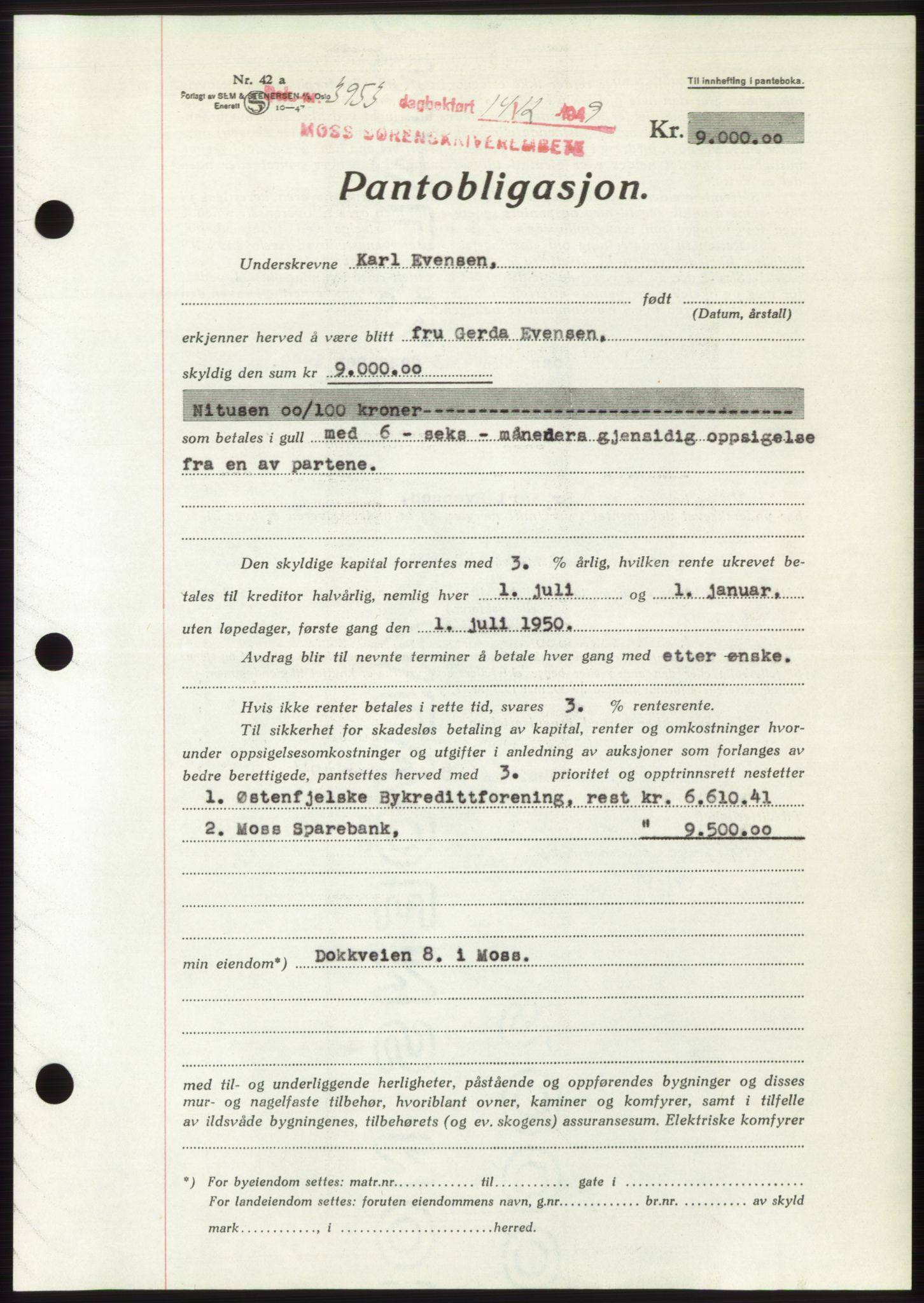 Moss sorenskriveri, SAO/A-10168: Mortgage book no. B23, 1949-1950, Diary no: : 3953/1949