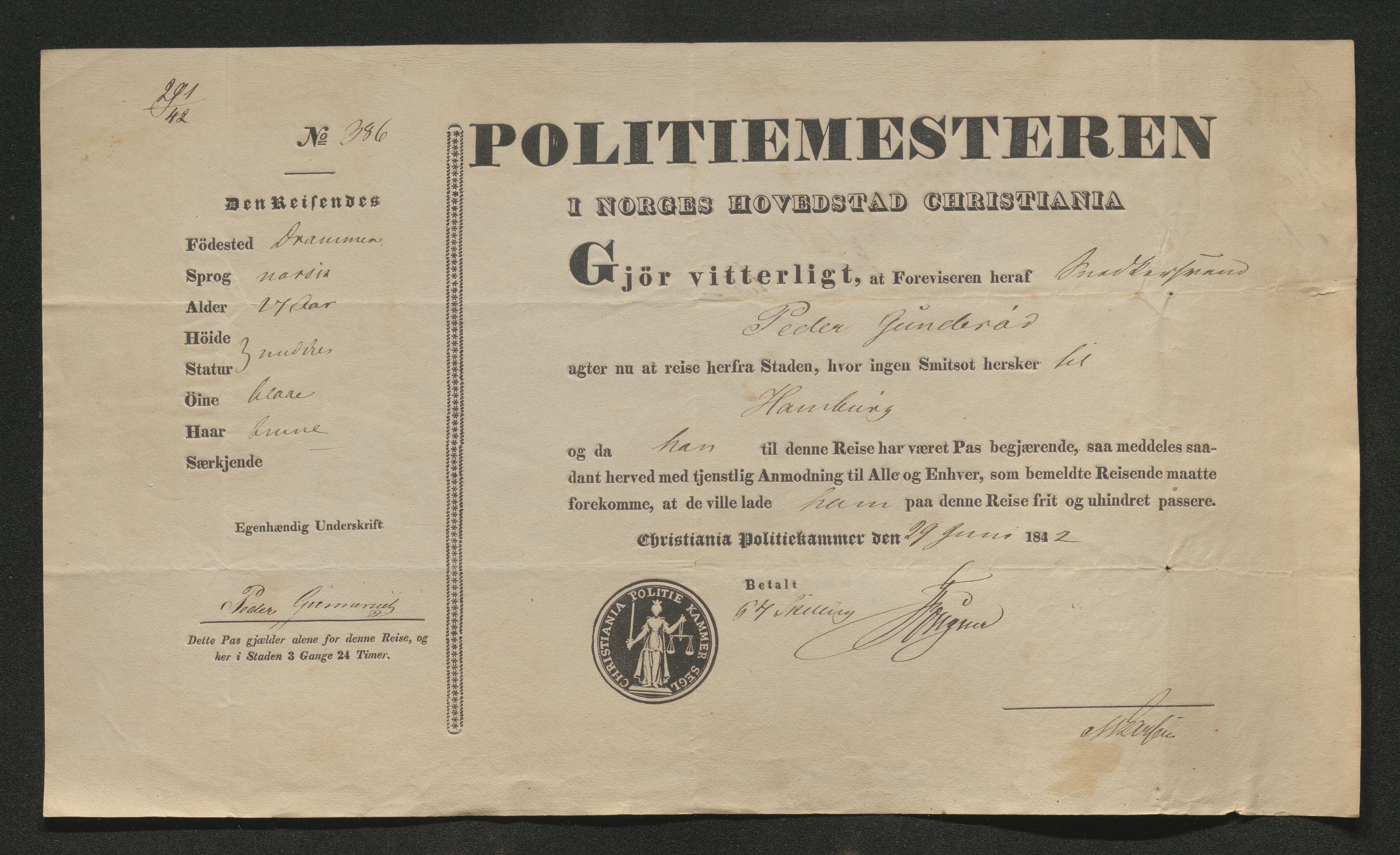 Drammen politikammer, SAKO/A-623/I/Ia/Iab/L0006: Innleverte pass, 1841-1842, p. 499