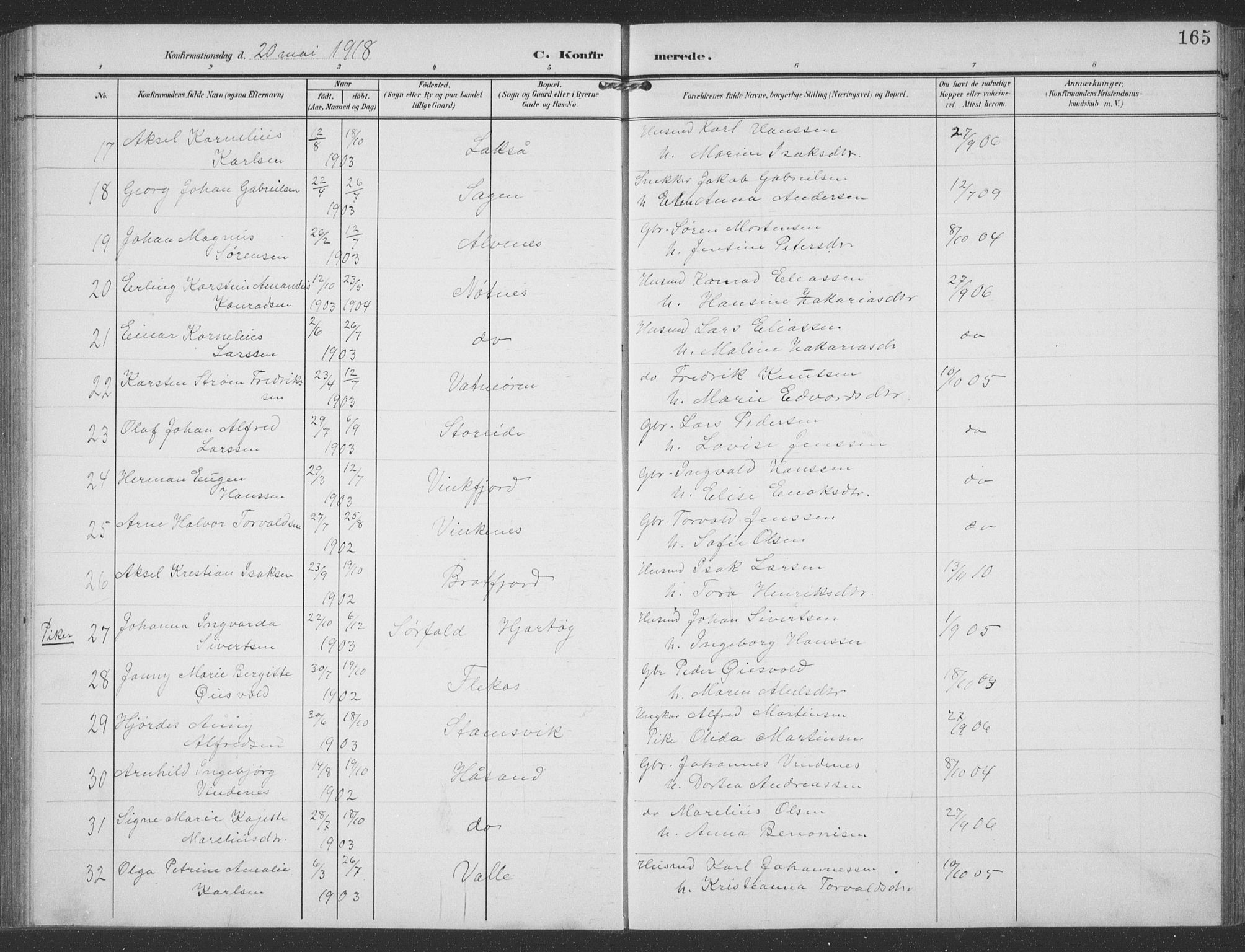Ministerialprotokoller, klokkerbøker og fødselsregistre - Nordland, SAT/A-1459/858/L0835: Parish register (copy) no. 858C02, 1904-1940, p. 165
