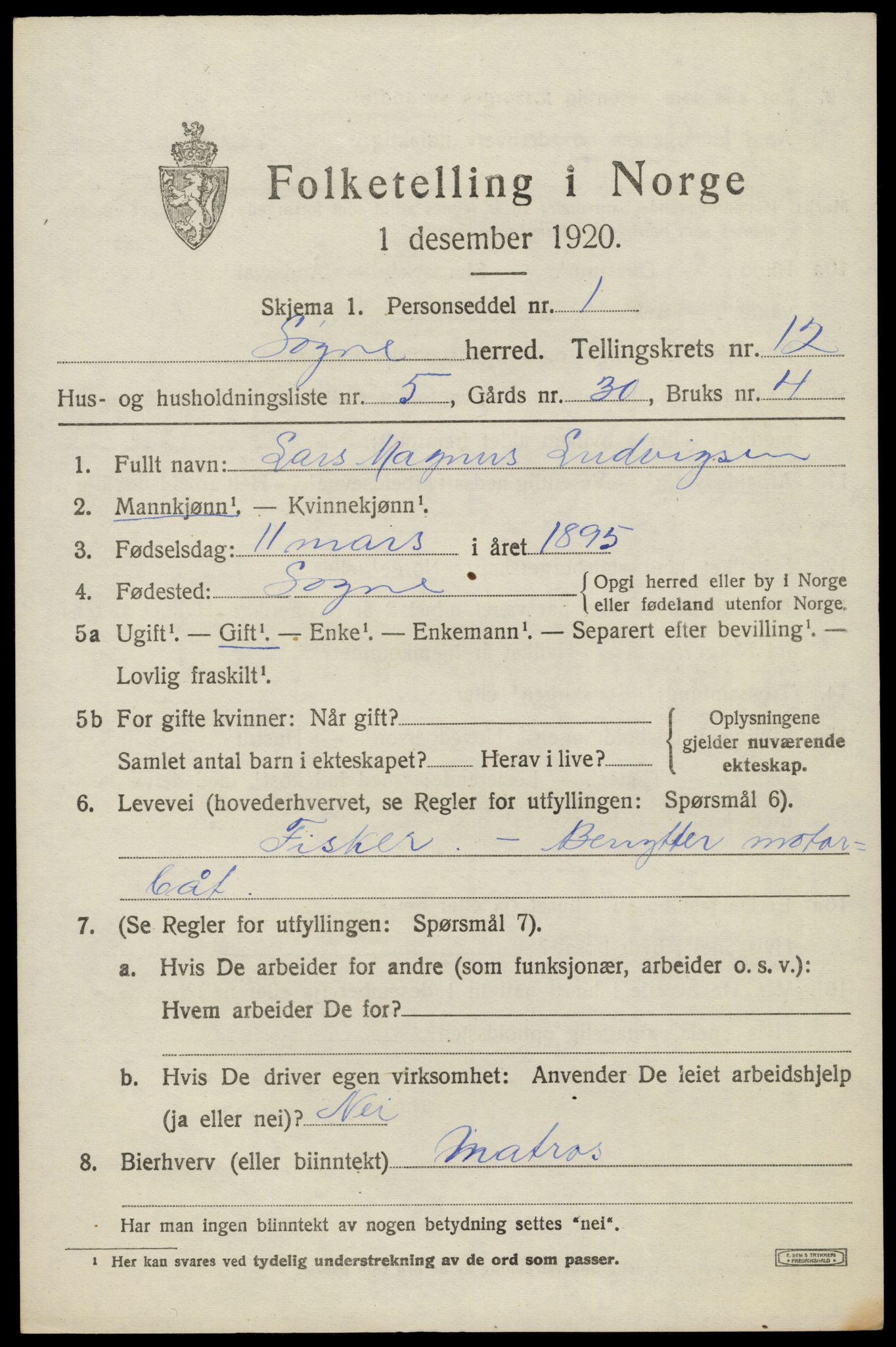 SAK, 1920 census for Søgne, 1920, p. 5985