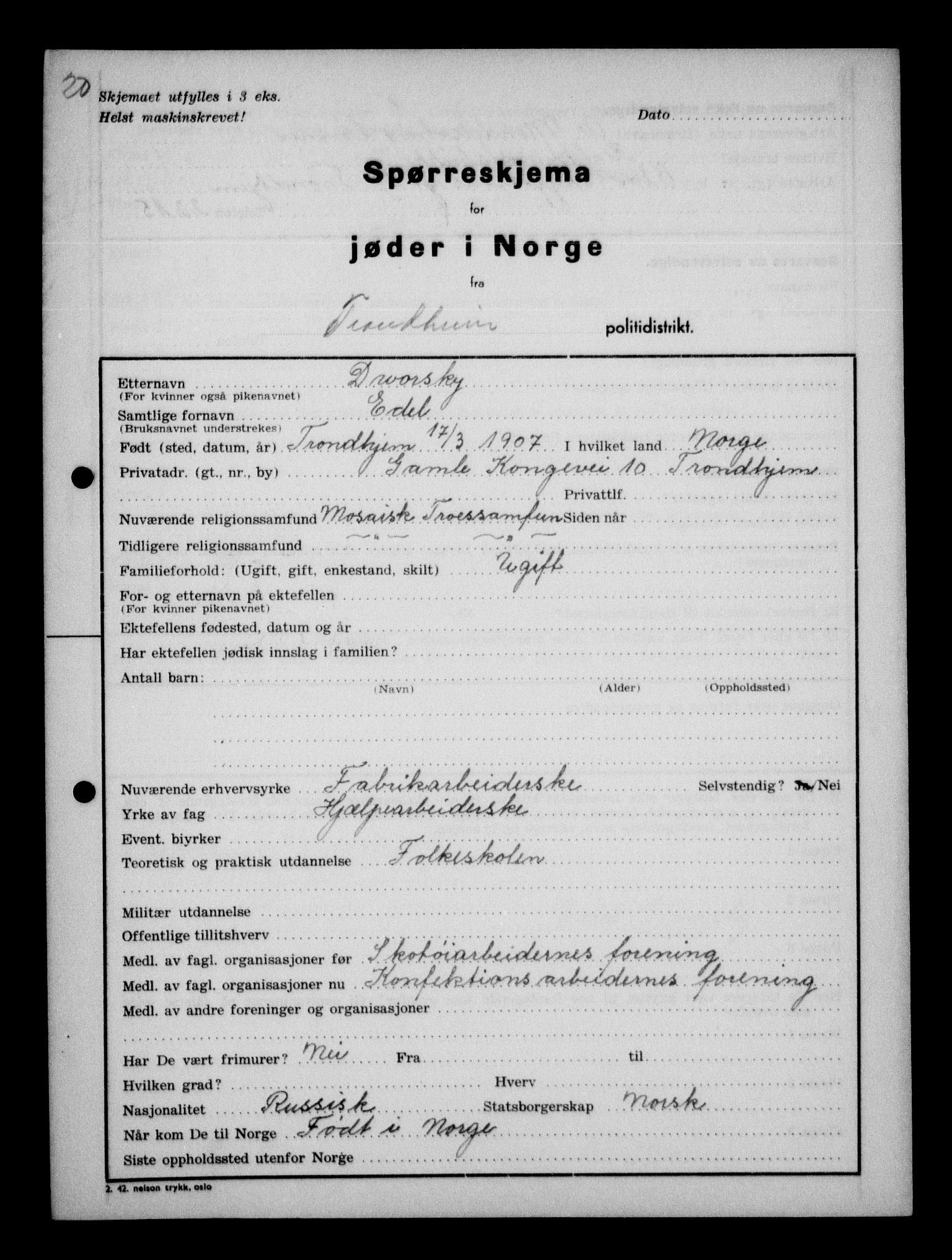 Statspolitiet - Hovedkontoret / Osloavdelingen, AV/RA-S-1329/G/Ga/L0013: Spørreskjema for jøder i Norge. 1: Sandefjord-Trondheim. 2: Tønsberg- Ålesund.  3: Skriv vedr. jøder A-H.  , 1942-1943, p. 209