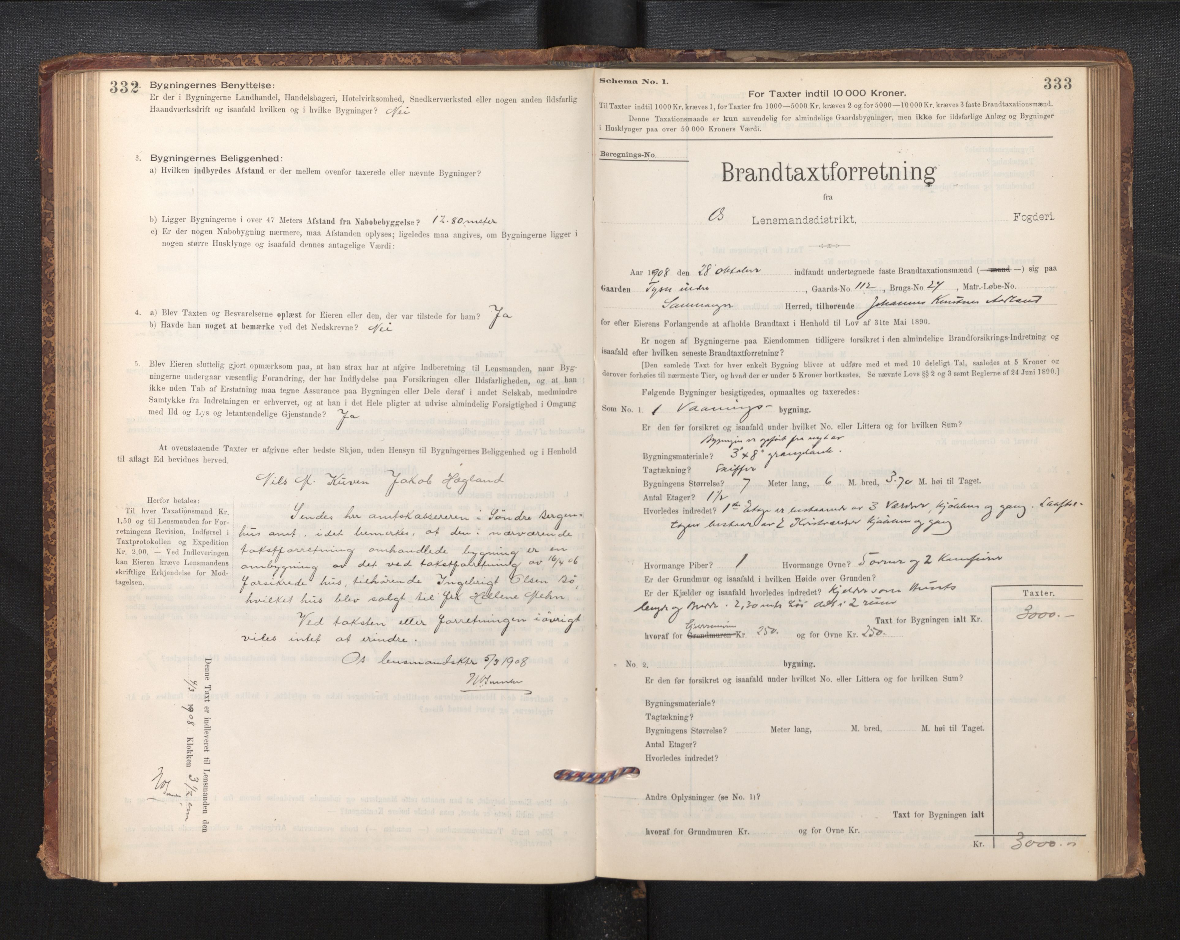 Lensmannen i Os, SAB/A-34101/0012/L0008: Branntakstprotokoll, skjematakst, 1894-1915, p. 332-333