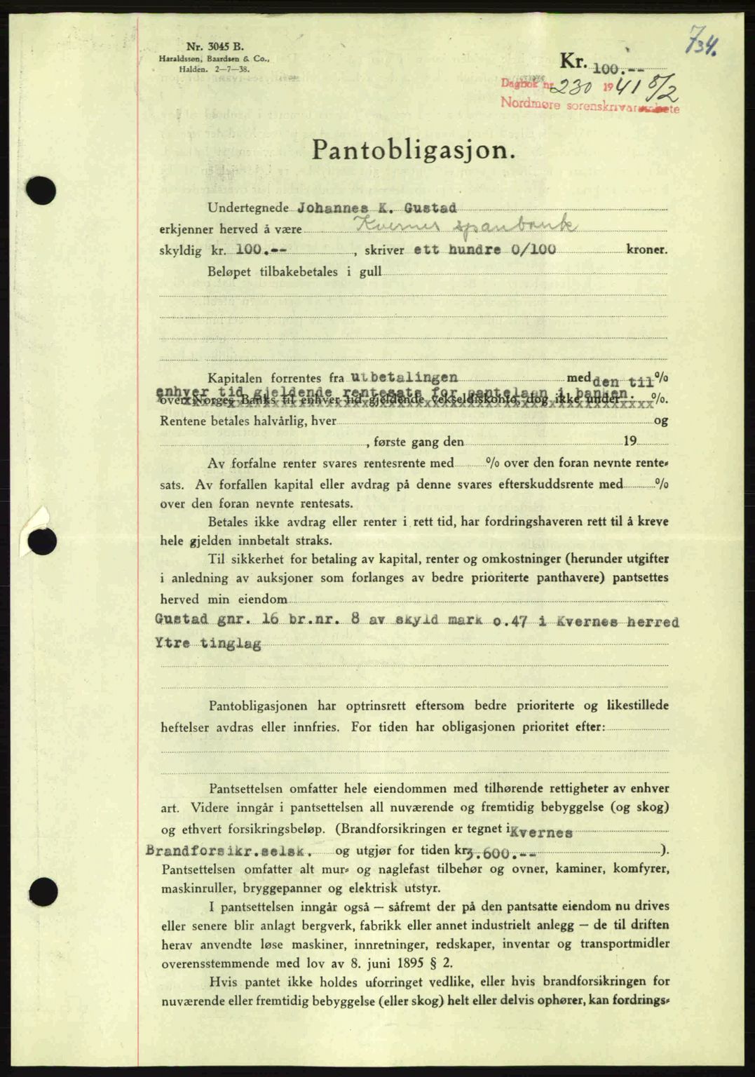 Nordmøre sorenskriveri, AV/SAT-A-4132/1/2/2Ca: Mortgage book no. B87, 1940-1941, Diary no: : 230/1941