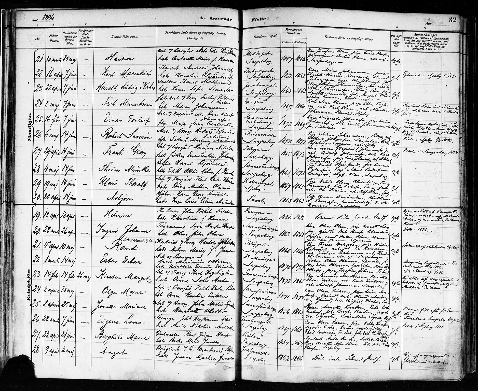 Sarpsborg prestekontor Kirkebøker, AV/SAO-A-2006/F/Fa/L0004: Parish register (official) no. 4, 1892-1899, p. 32