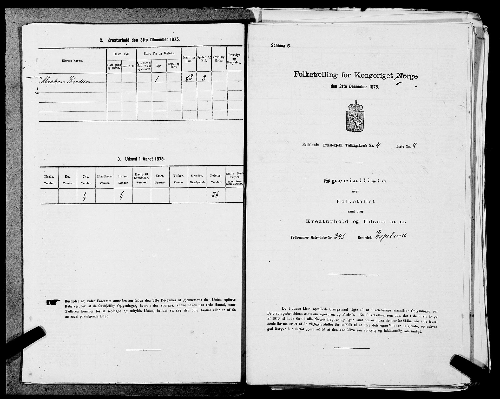 SAST, 1875 census for 1115P Helleland, 1875, p. 896