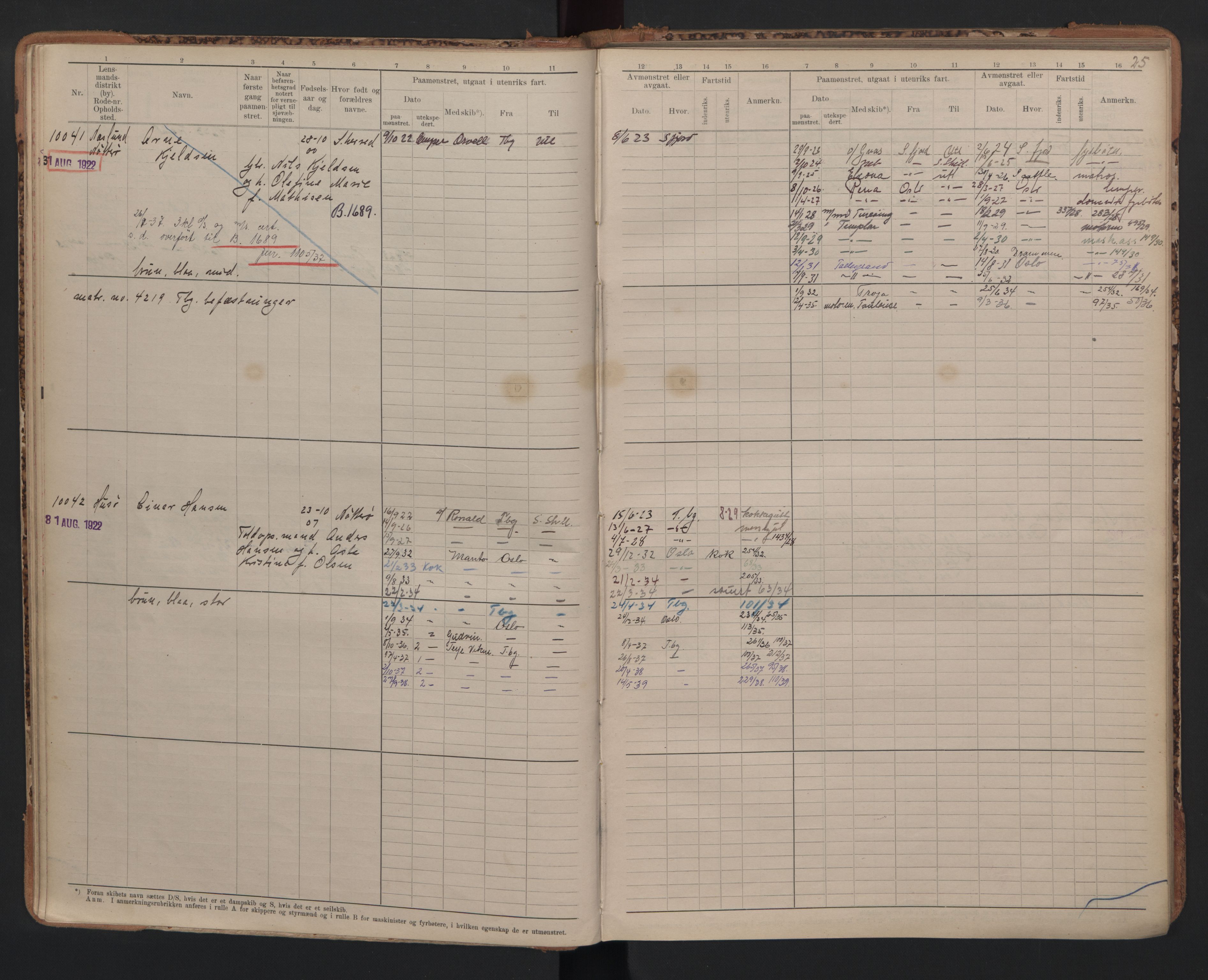 Tønsberg innrulleringskontor, AV/SAKO-A-786/F/Fc/Fcb/L0010: Hovedrulle Patent nr. 9993-1923, 1922-1923, p. 25