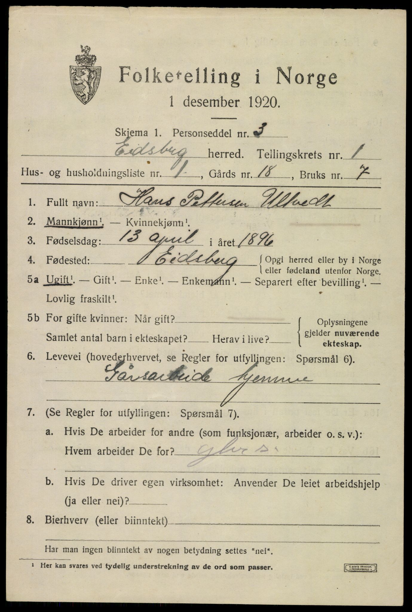 SAO, 1920 census for Eidsberg, 1920, p. 1951