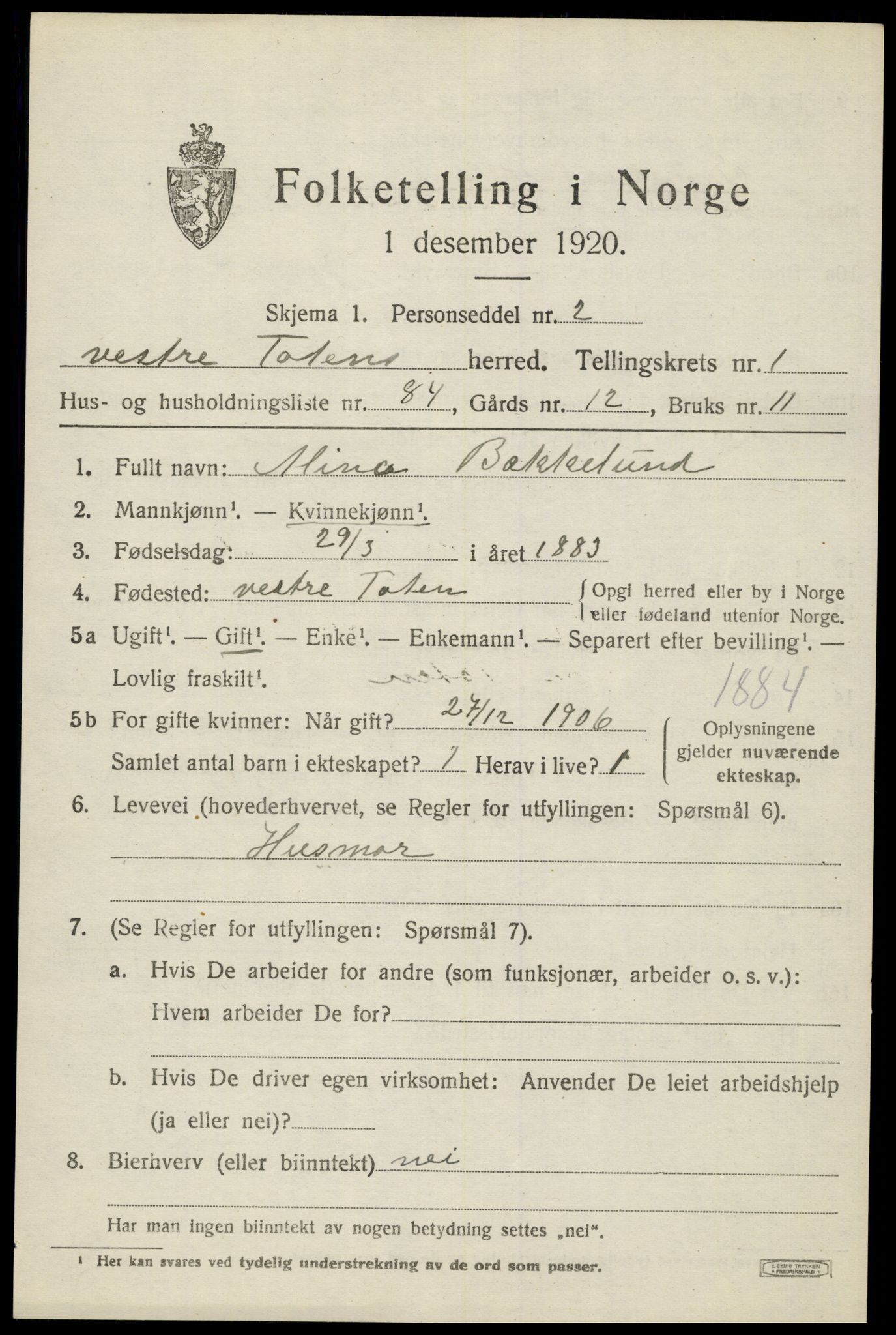 SAH, 1920 census for Vestre Toten, 1920, p. 2800