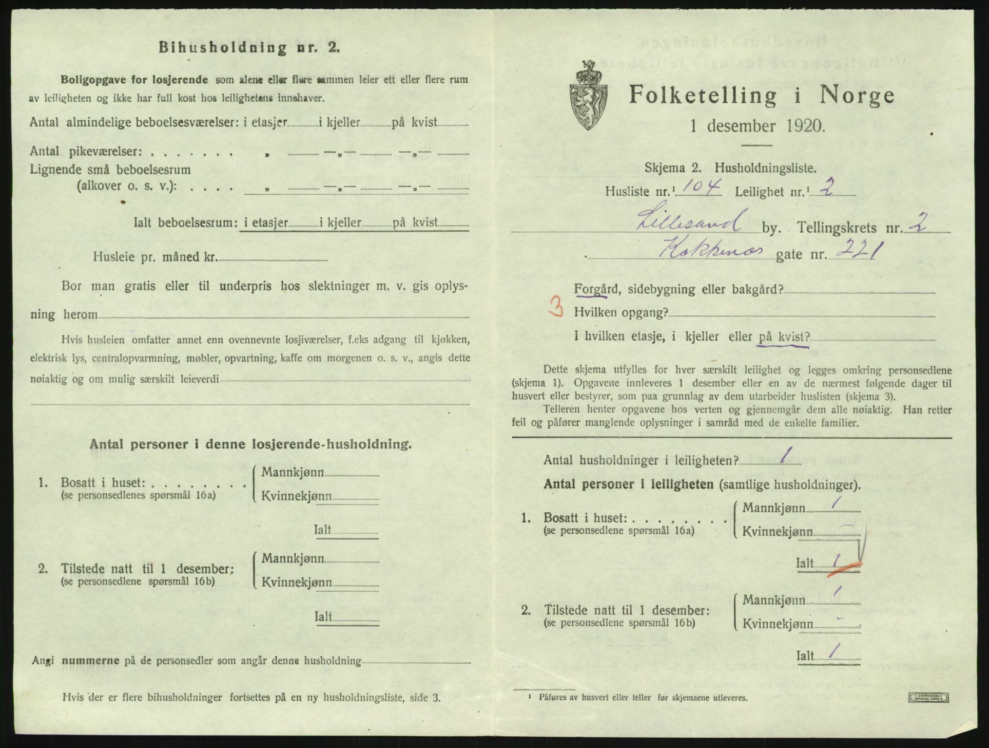 SAK, 1920 census for Lillesand, 1920, p. 1105