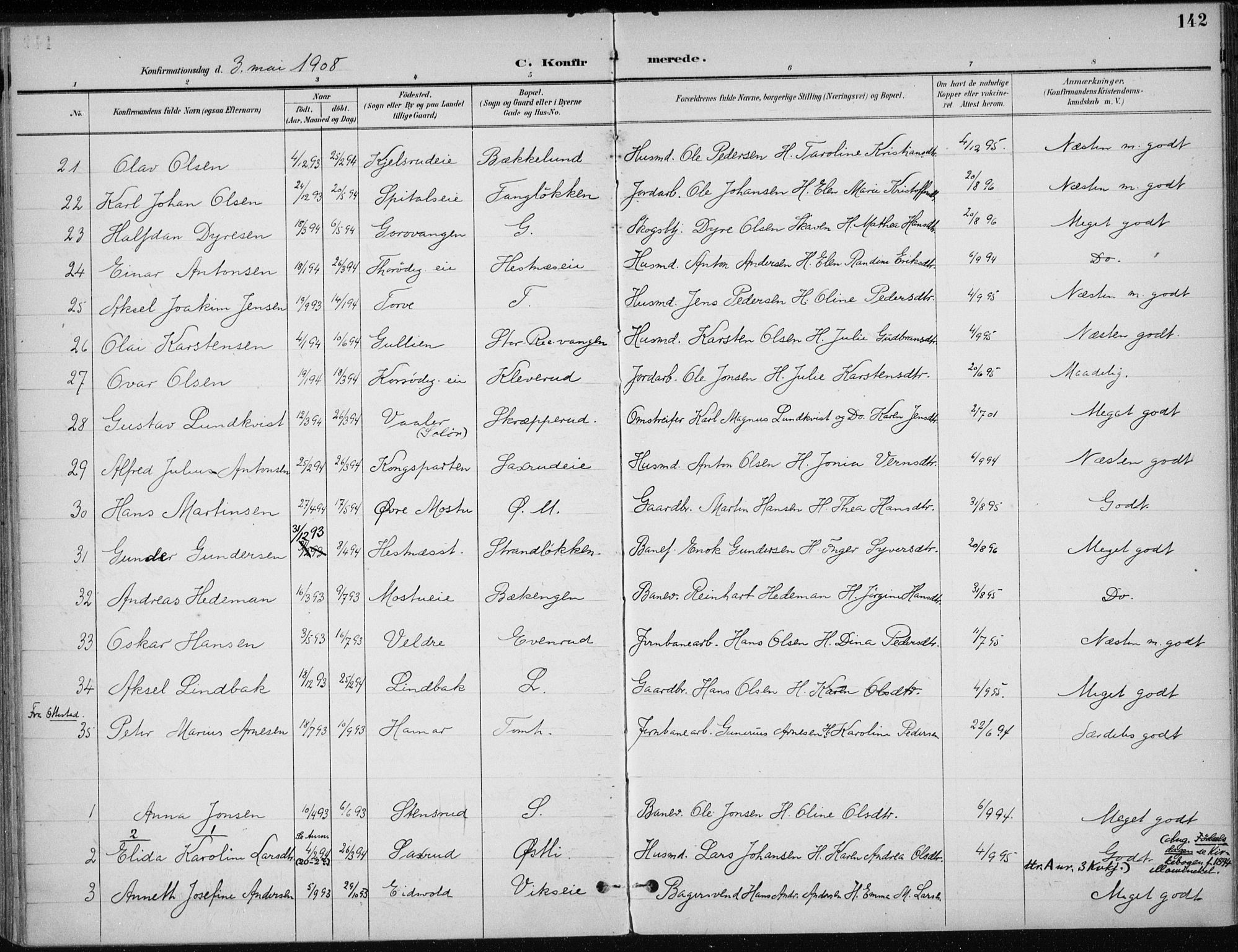 Stange prestekontor, SAH/PREST-002/K/L0023: Parish register (official) no. 23, 1897-1920, p. 142