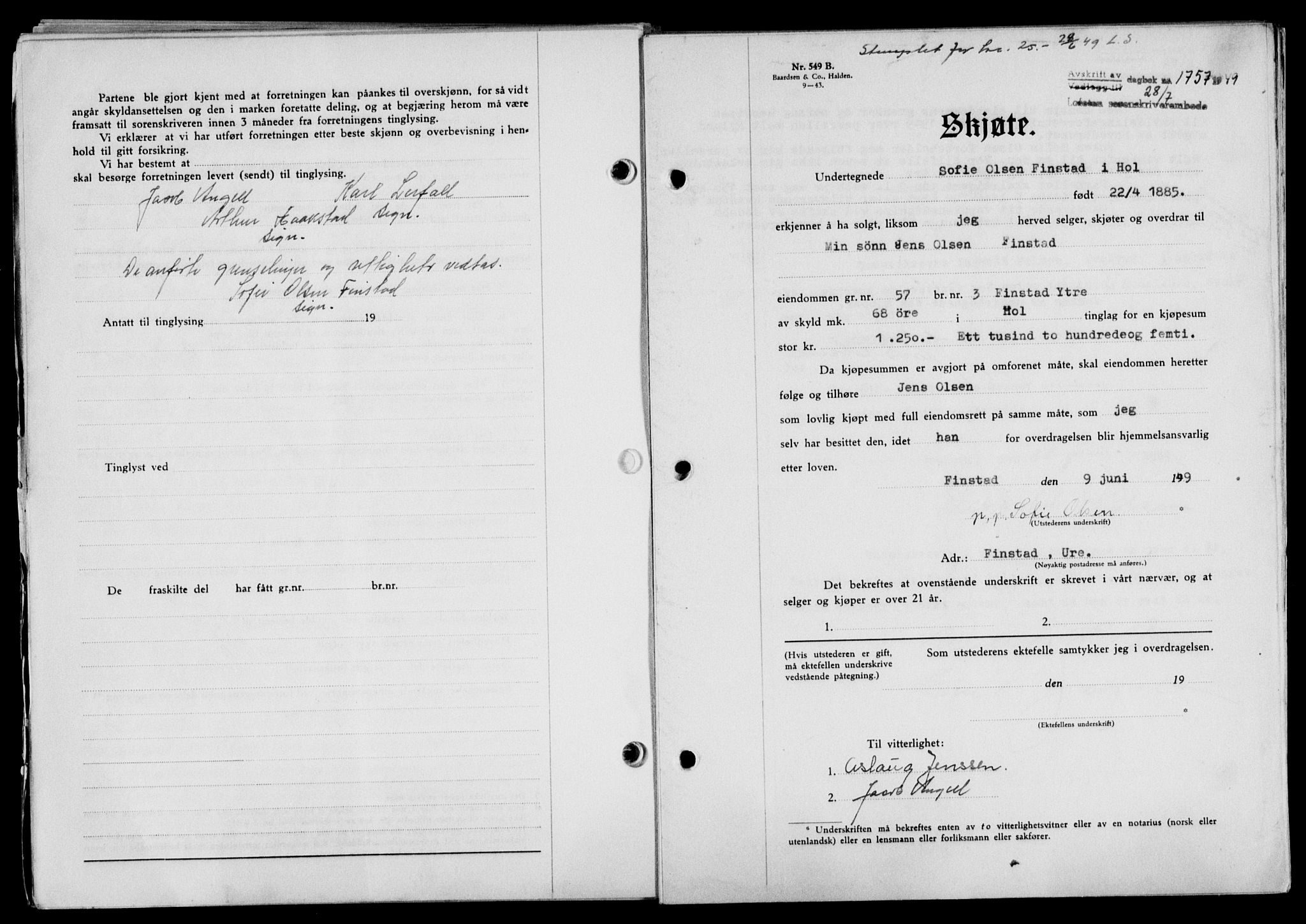 Lofoten sorenskriveri, SAT/A-0017/1/2/2C/L0021a: Mortgage book no. 21a, 1949-1949, Diary no: : 1757/1949