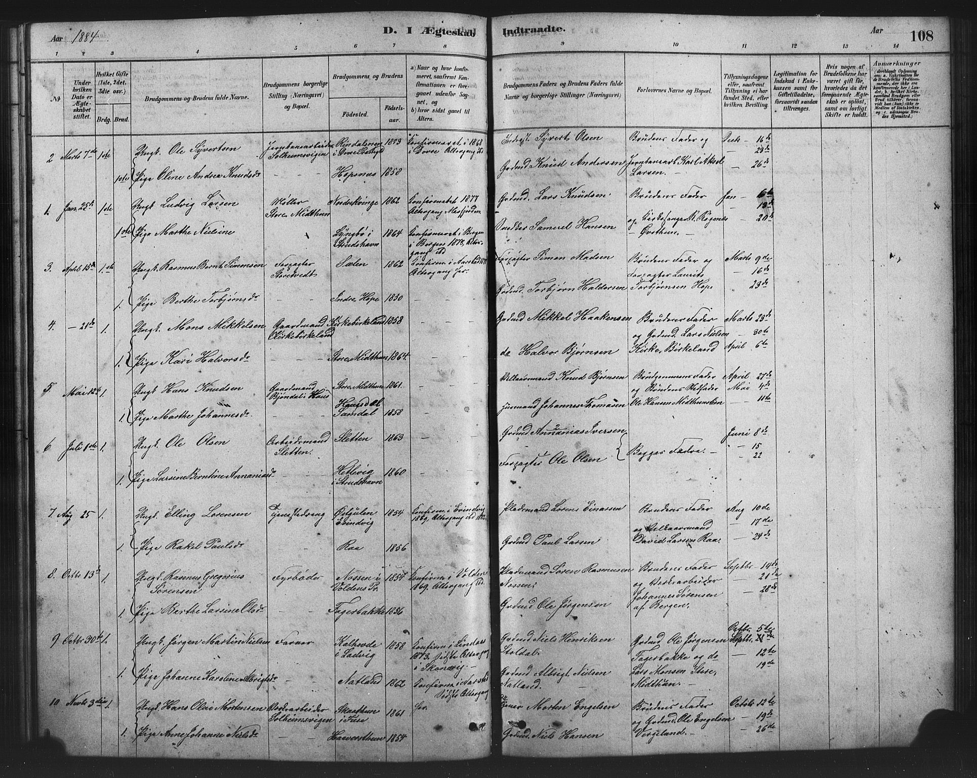Birkeland Sokneprestembete, SAB/A-74601/H/Hab: Parish register (copy) no. A 3, 1877-1887, p. 108