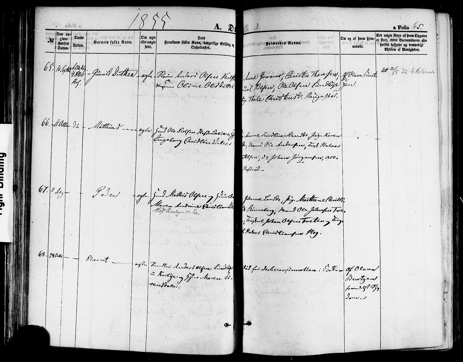 Hof kirkebøker, AV/SAKO-A-64/F/Fa/L0006: Parish register (official) no. I 6, 1851-1877, p. 65