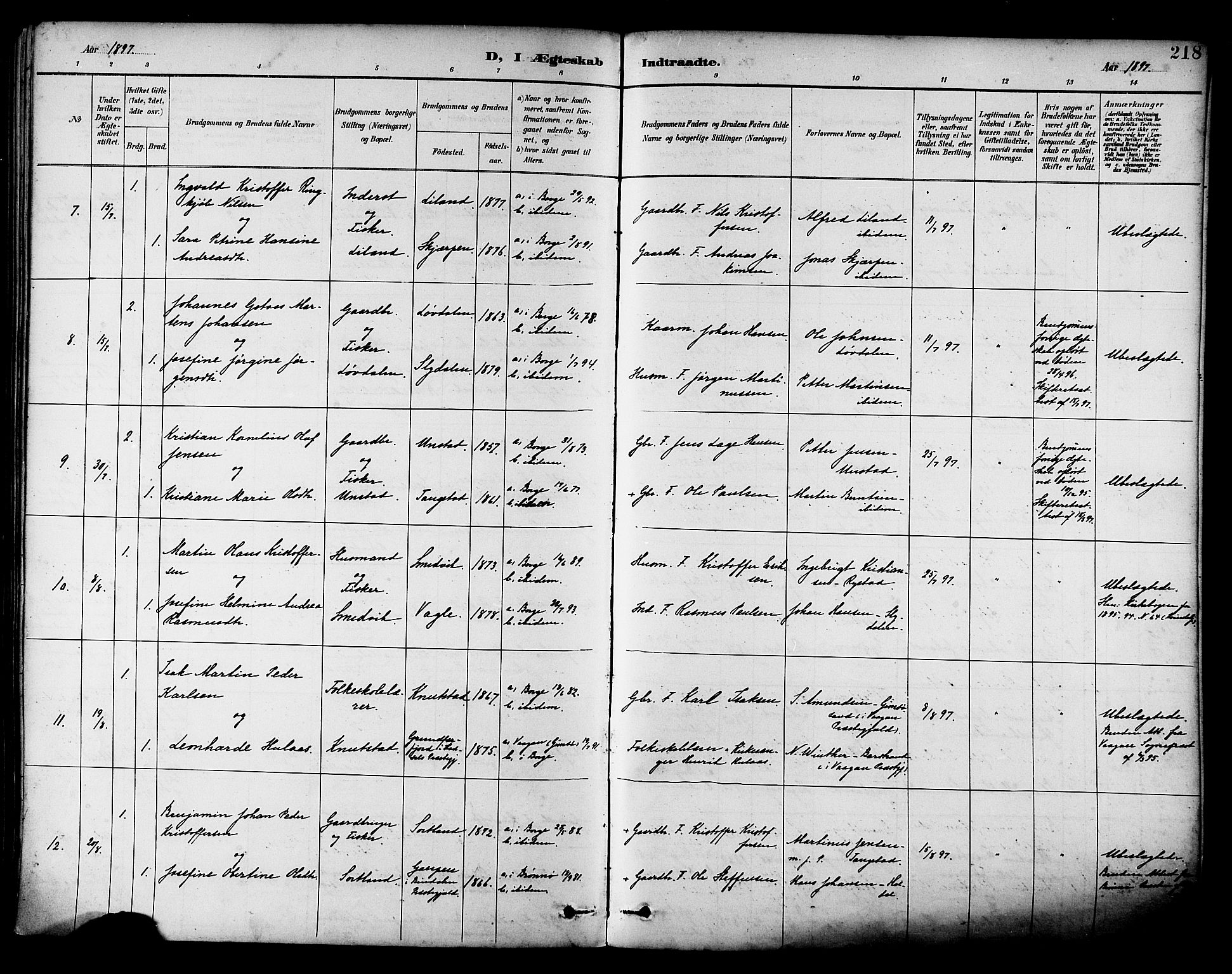 Ministerialprotokoller, klokkerbøker og fødselsregistre - Nordland, AV/SAT-A-1459/880/L1133: Parish register (official) no. 880A07, 1888-1898, p. 218