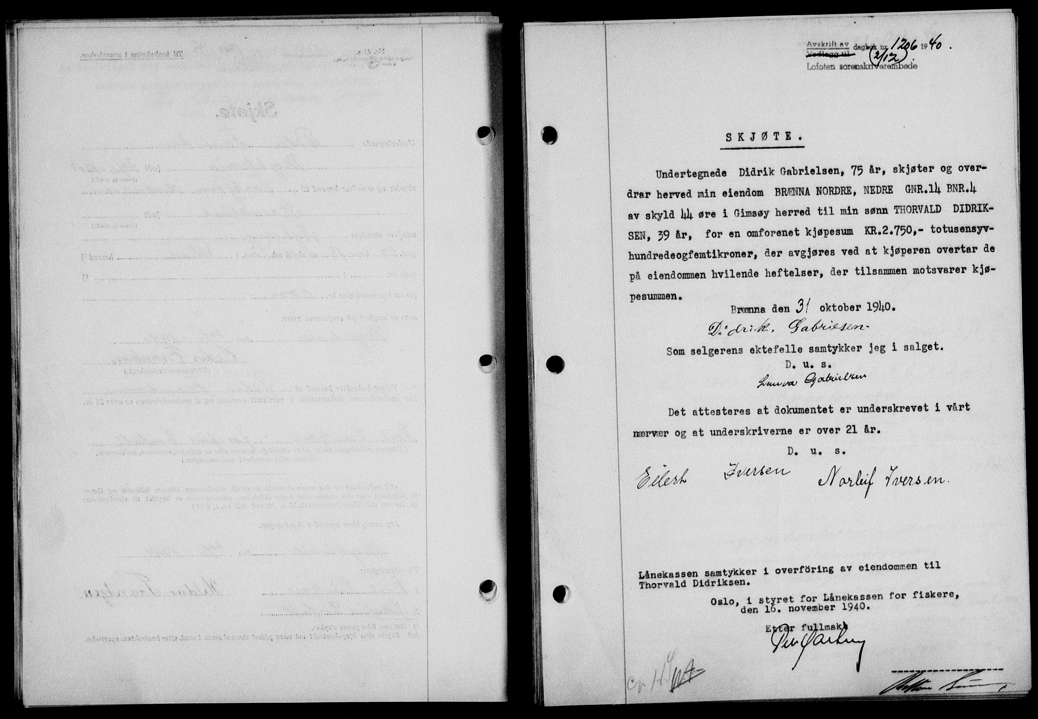 Lofoten sorenskriveri, SAT/A-0017/1/2/2C/L0008a: Mortgage book no. 8a, 1940-1941, Diary no: : 1206/1940