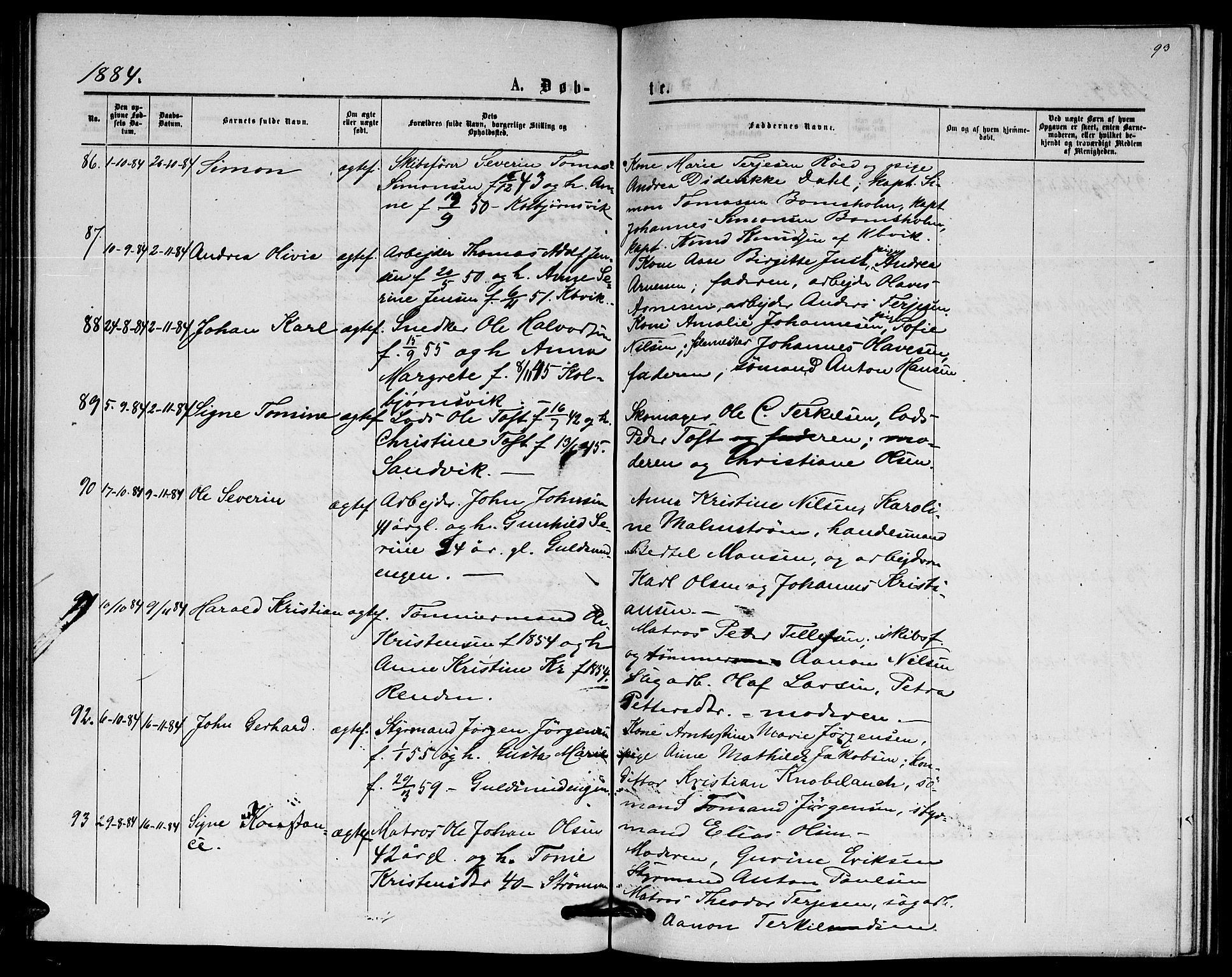 Hisøy sokneprestkontor, AV/SAK-1111-0020/F/Fb/L0002: Parish register (copy) no. B 2, 1873-1885, p. 93