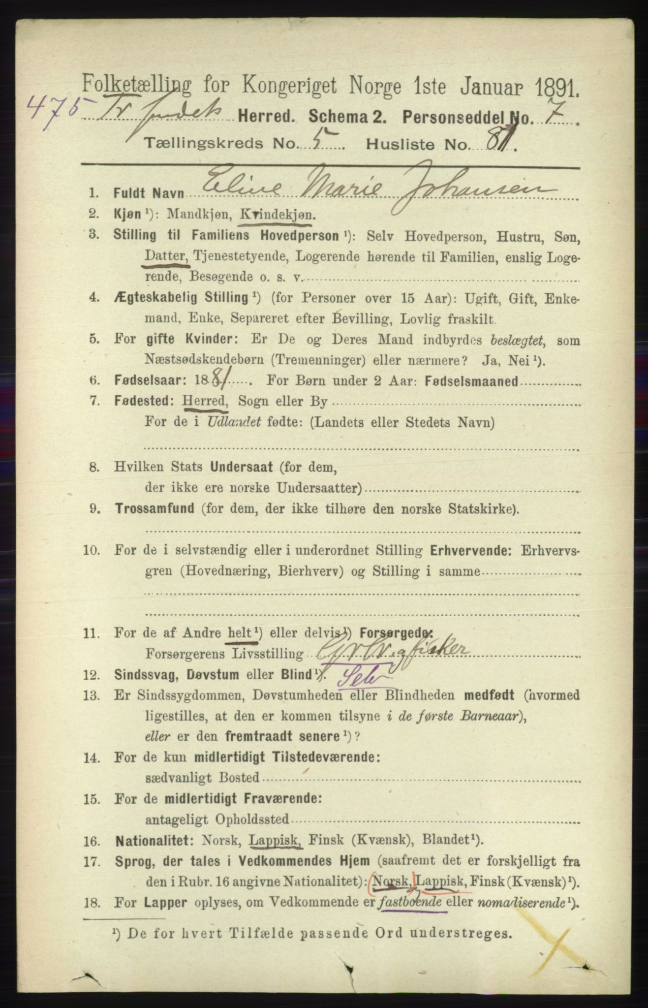 RA, 1891 census for 1934 Tromsøysund, 1891, p. 2910