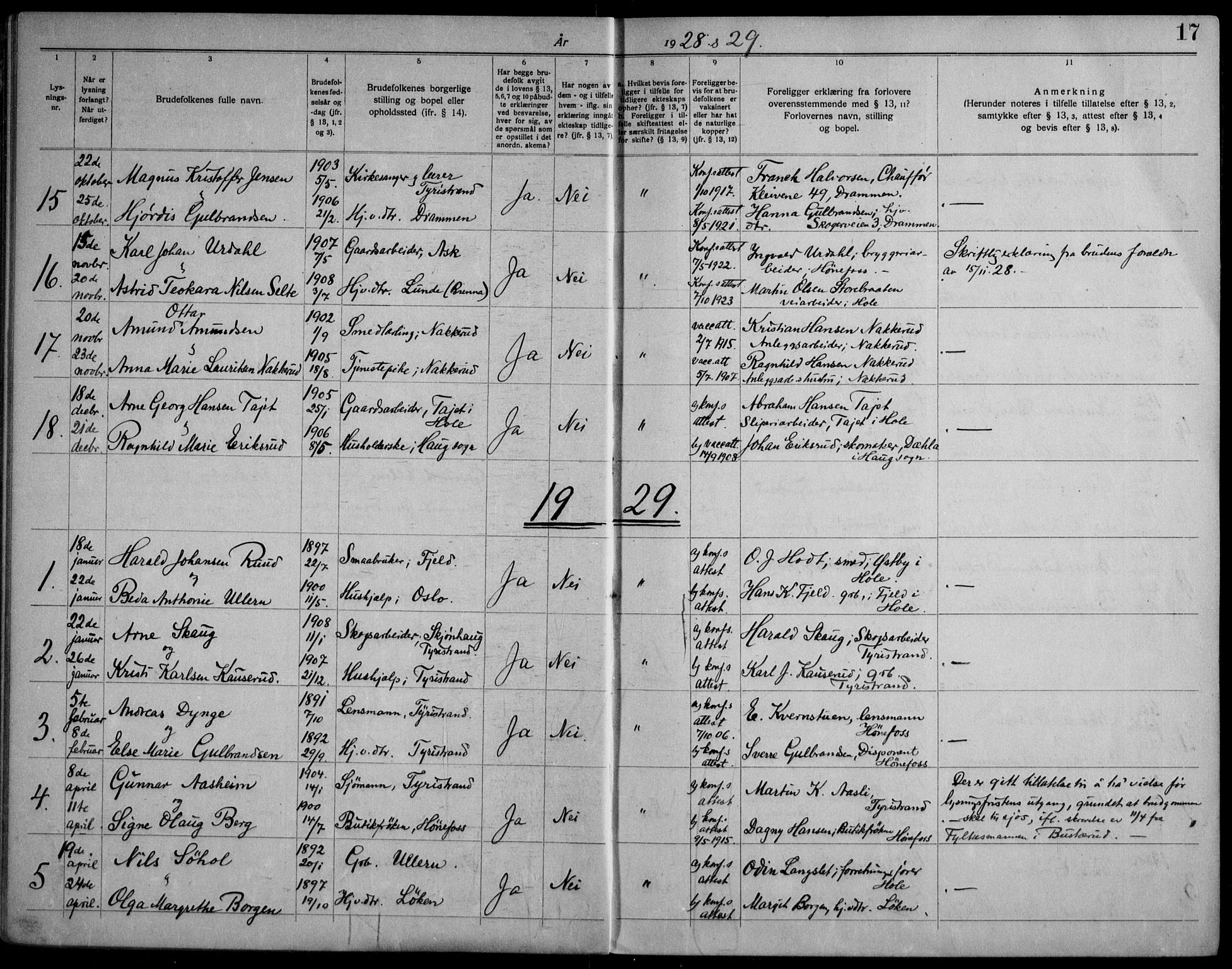 Hole kirkebøker, AV/SAKO-A-228/H/Ha/L0004: Banns register no. 4, 1919-1960, p. 17