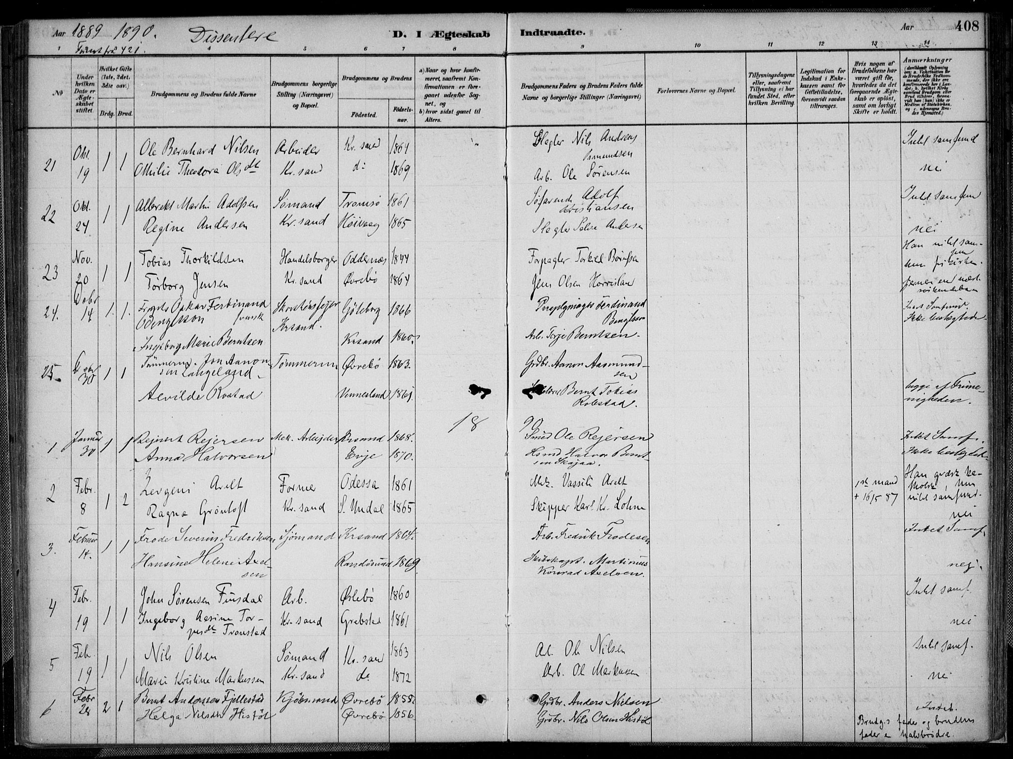 Kristiansand domprosti, AV/SAK-1112-0006/F/Fa/L0017: Parish register (official) no. A 16B, 1880-1890, p. 408