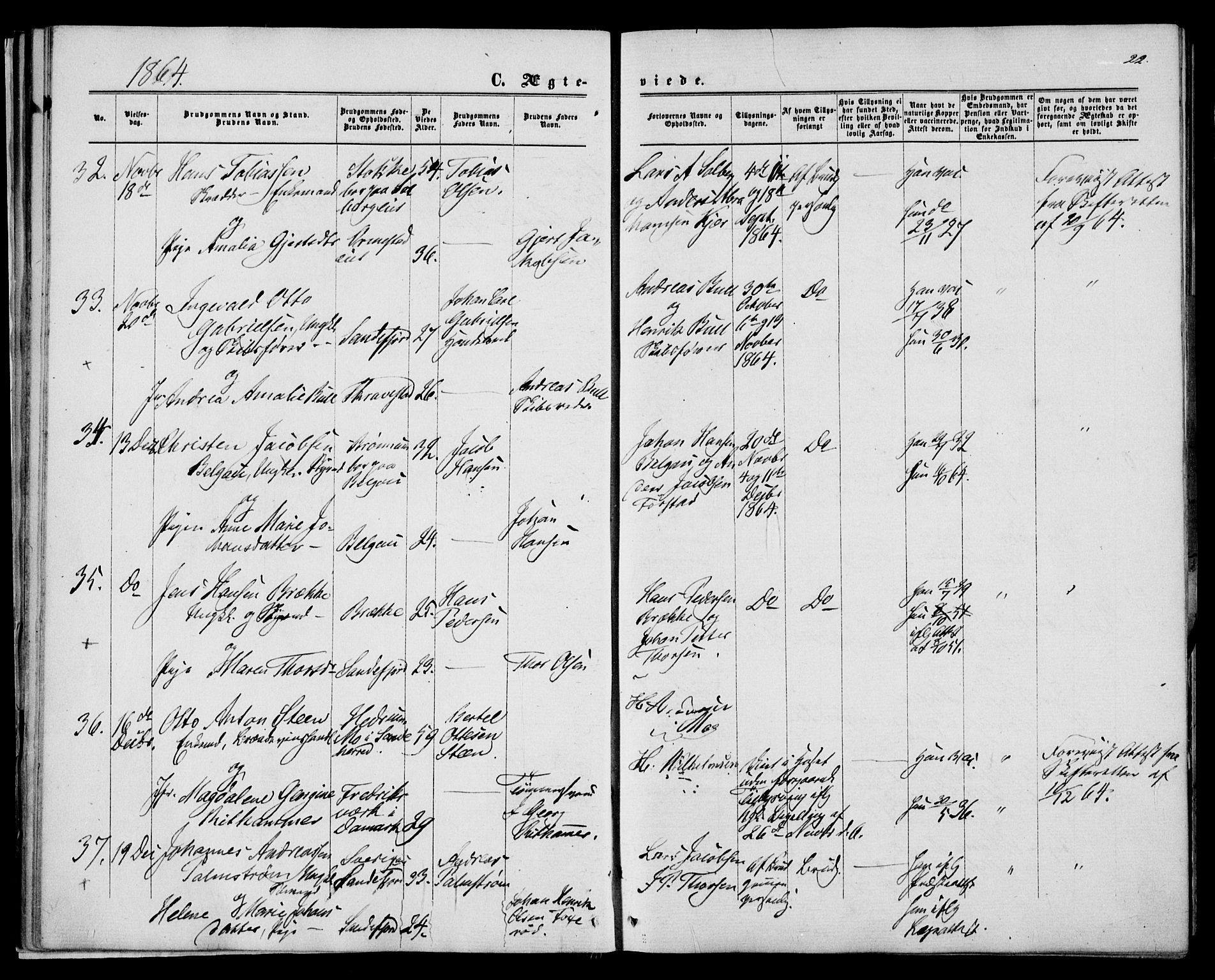 Sandar kirkebøker, SAKO/A-243/F/Fa/L0009: Parish register (official) no. 9, 1862-1871, p. 22