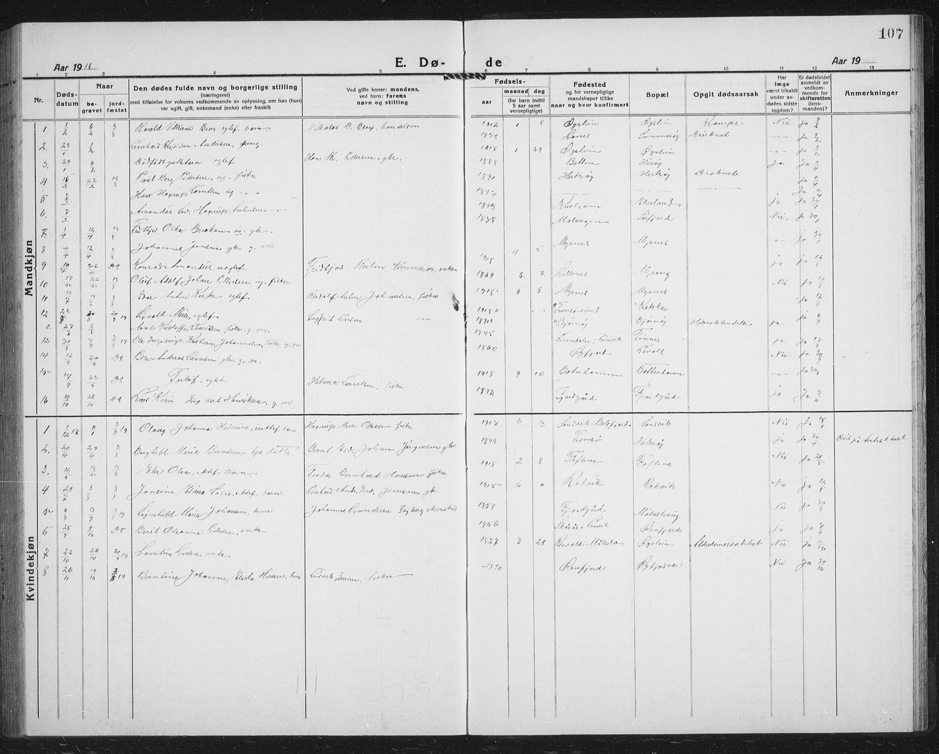 Lenvik sokneprestembete, SATØ/S-1310/H/Ha/Hab/L0023klokker: Parish register (copy) no. 23, 1918-1936, p. 107