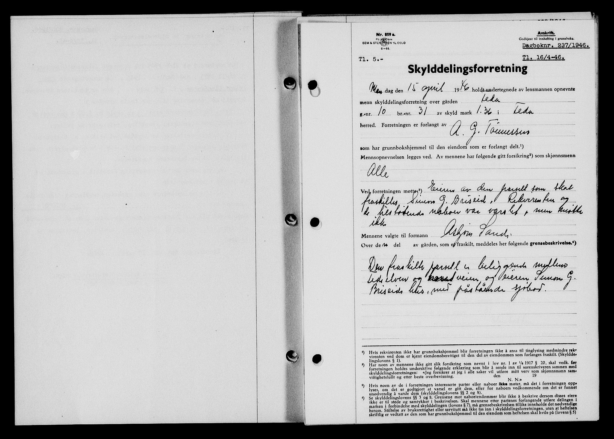 Flekkefjord sorenskriveri, SAK/1221-0001/G/Gb/Gba/L0060: Mortgage book no. A-8, 1945-1946, Diary no: : 237/1946