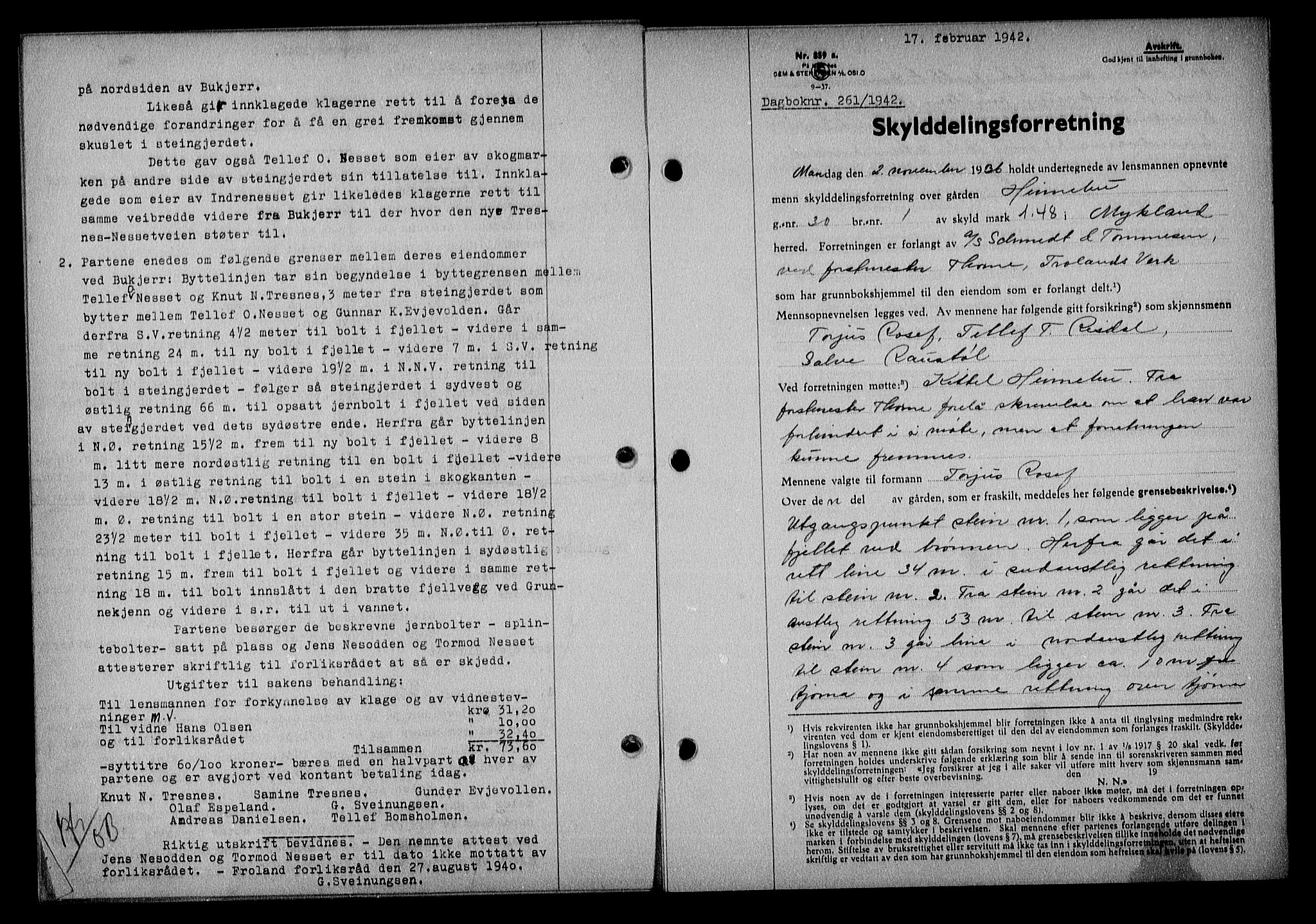 Nedenes sorenskriveri, AV/SAK-1221-0006/G/Gb/Gba/L0049: Mortgage book no. A-III, 1941-1942, Diary no: : 261/1942