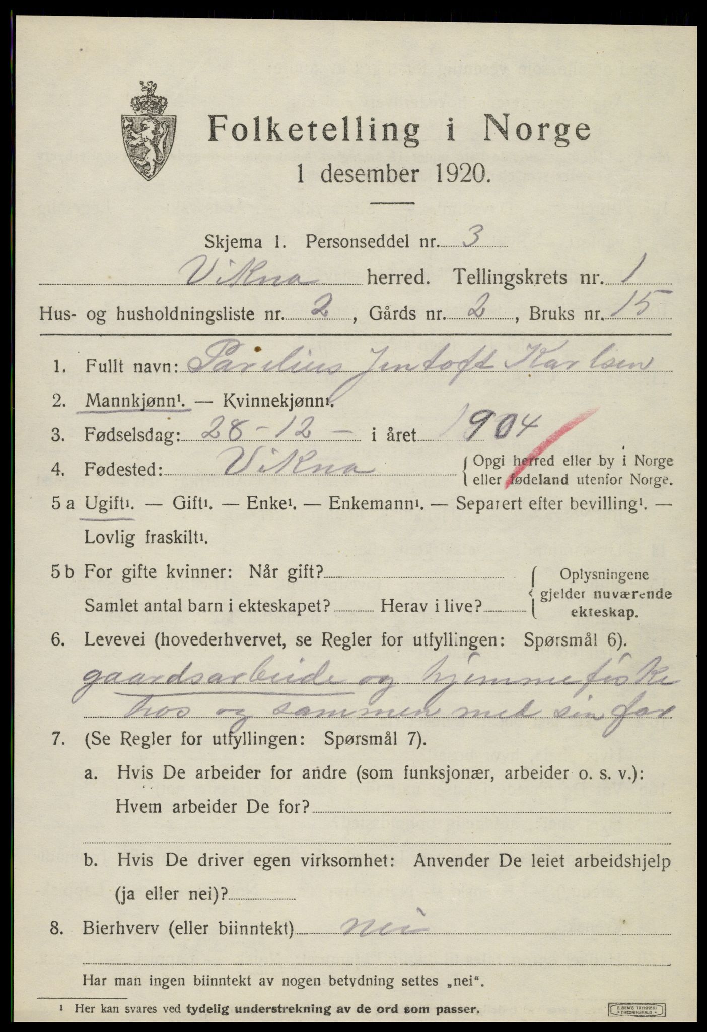 SAT, 1920 census for Vikna, 1920, p. 1163