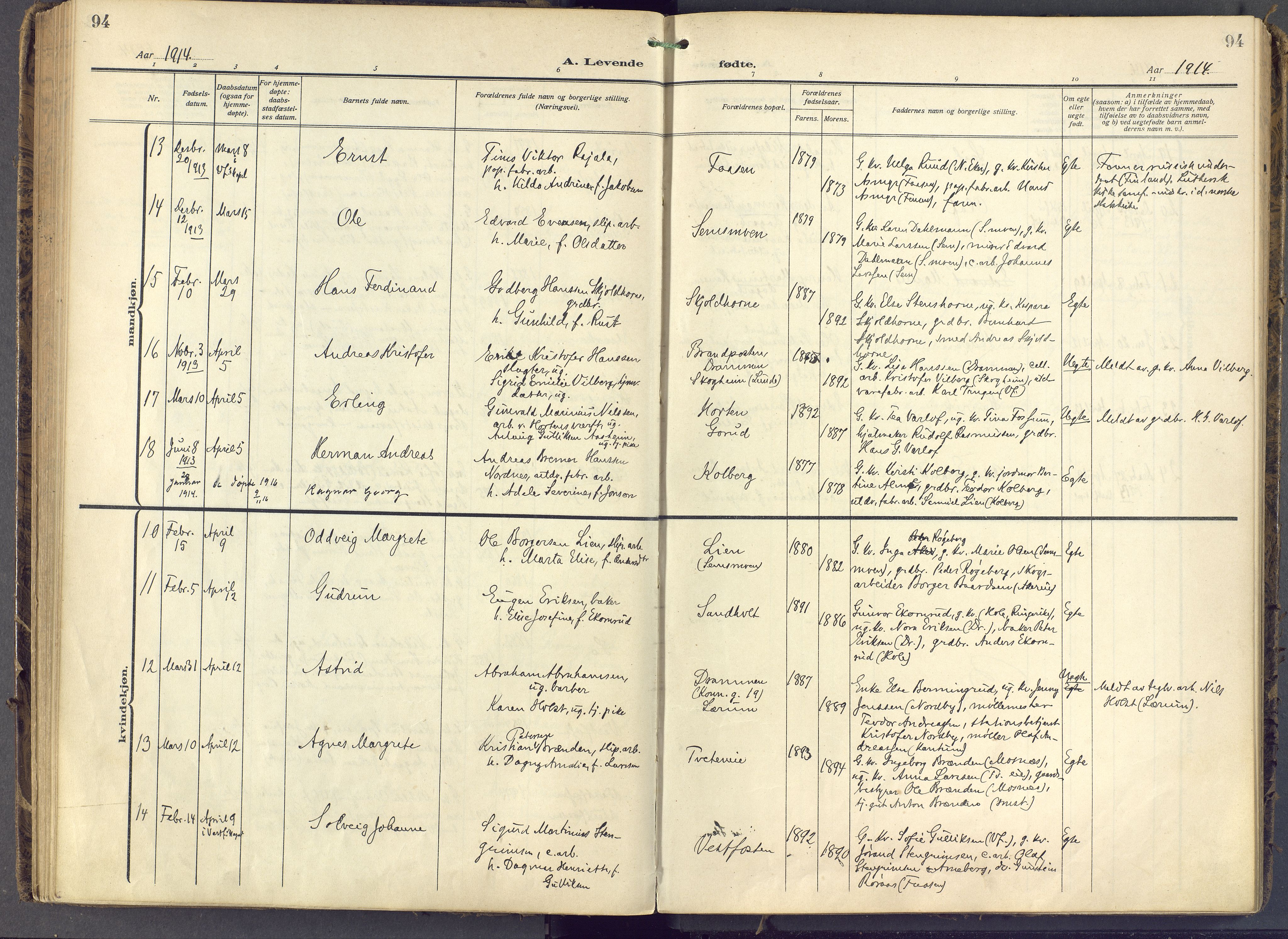 Eiker kirkebøker, AV/SAKO-A-4/F/Fb/L0009: Parish register (official) no. II 9, 1908-1923, p. 94