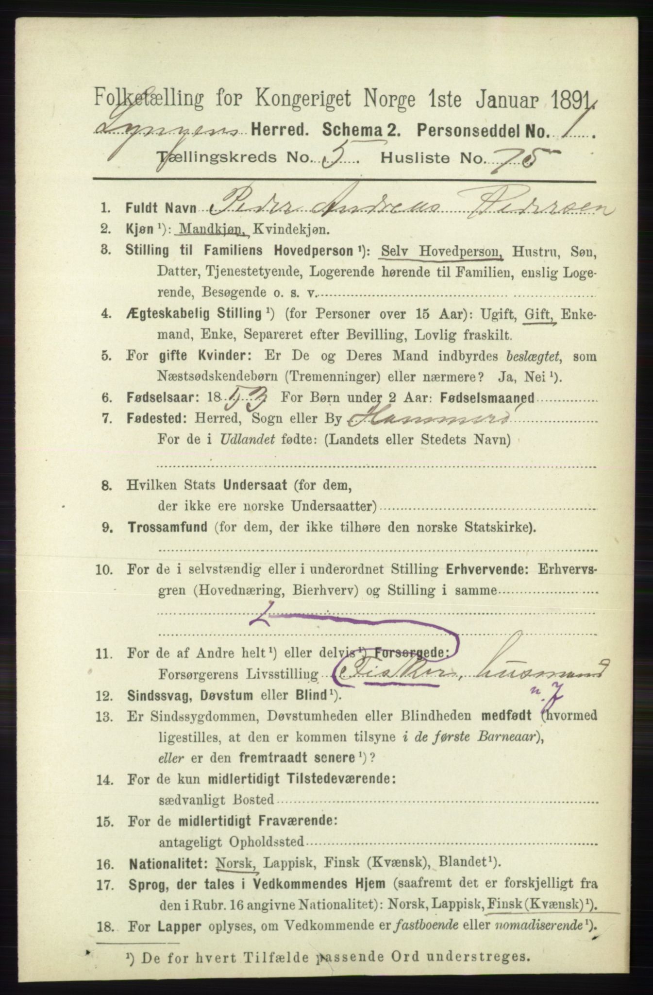 RA, 1891 census for 1938 Lyngen, 1891, p. 4900