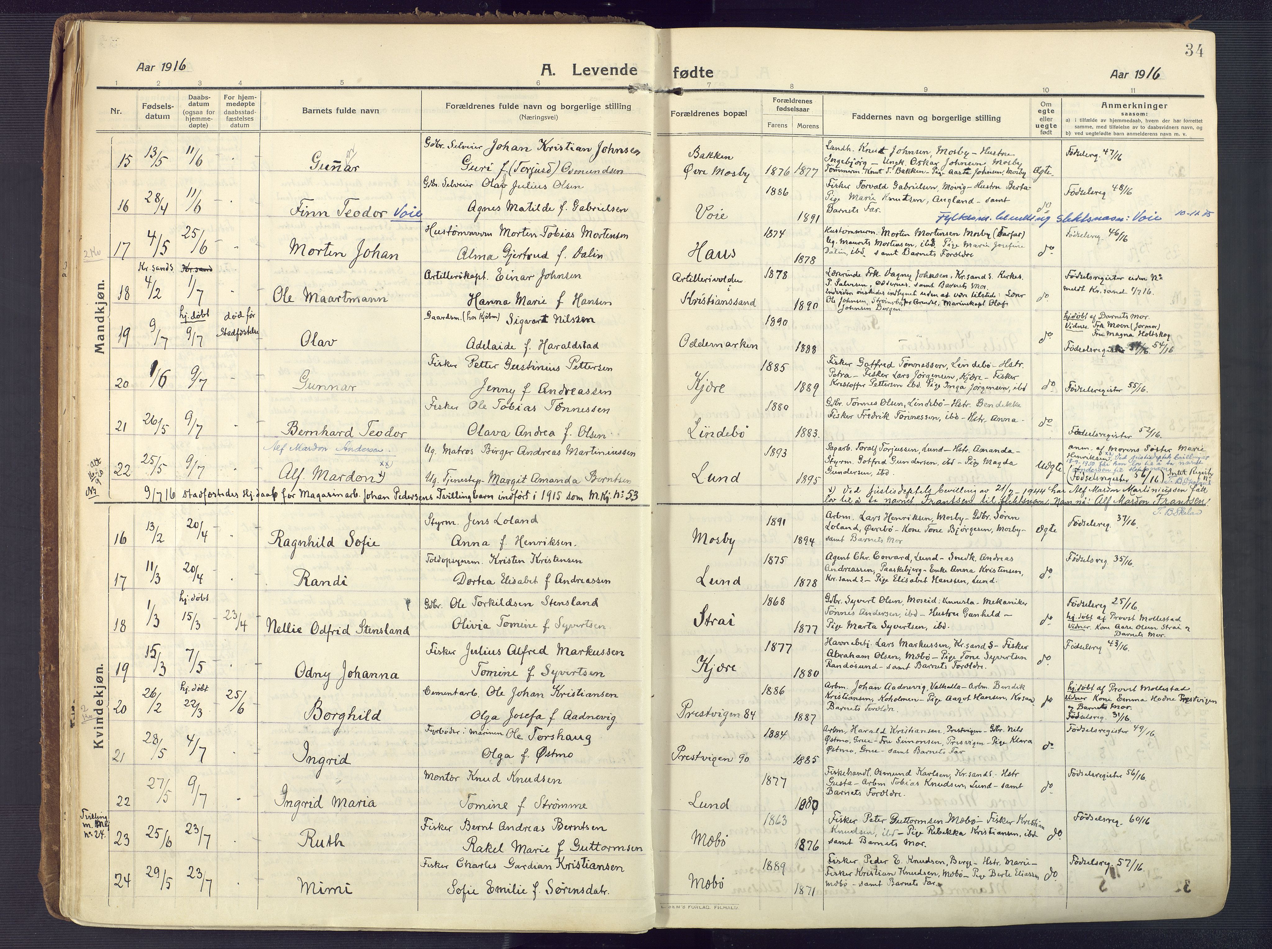 Oddernes sokneprestkontor, AV/SAK-1111-0033/F/Fa/Faa/L0012: Parish register (official) no. A 12, 1912-1925, p. 34