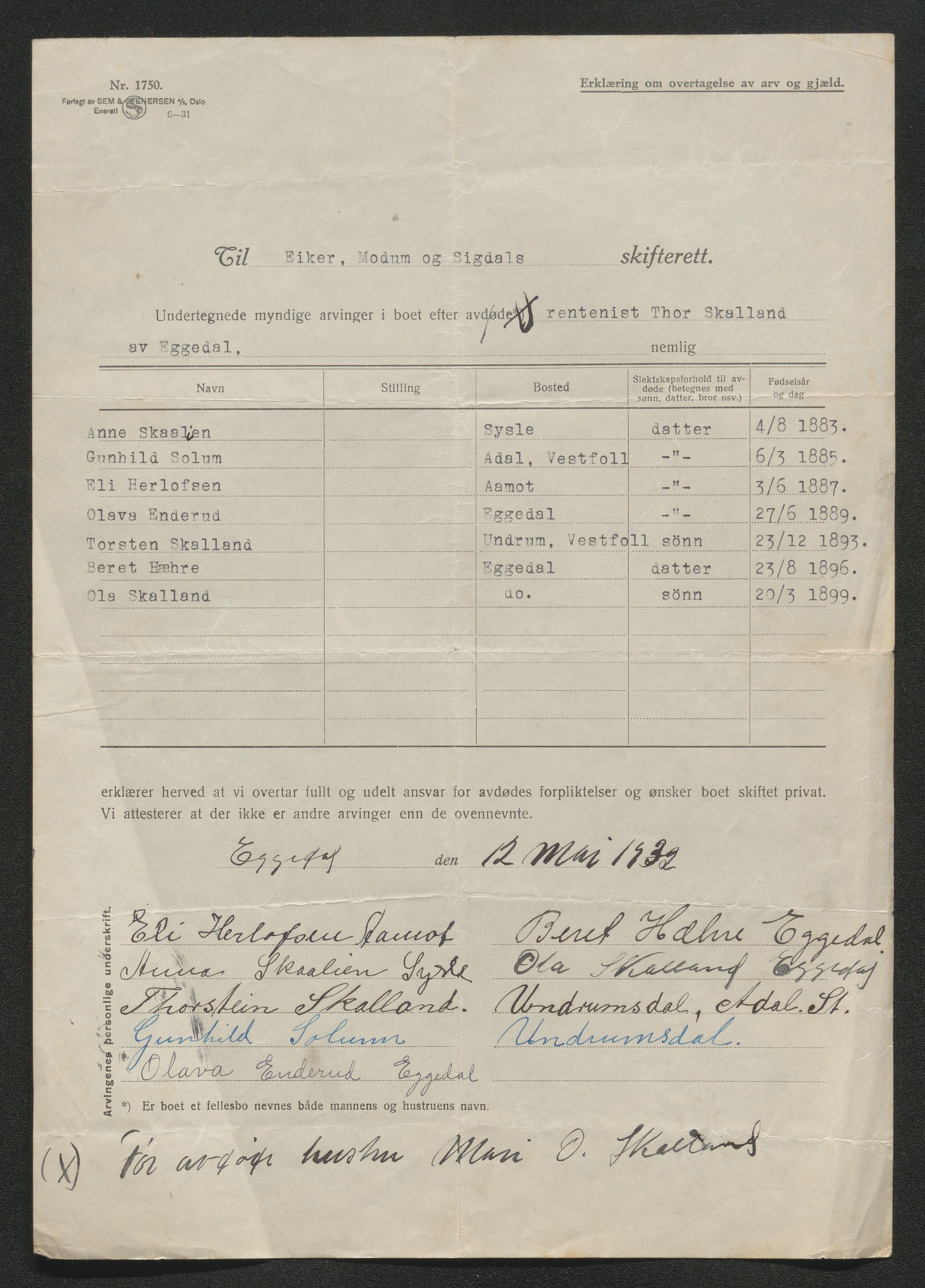 Eiker, Modum og Sigdal sorenskriveri, AV/SAKO-A-123/H/Ha/Hab/L0047: Dødsfallsmeldinger, 1932, p. 218