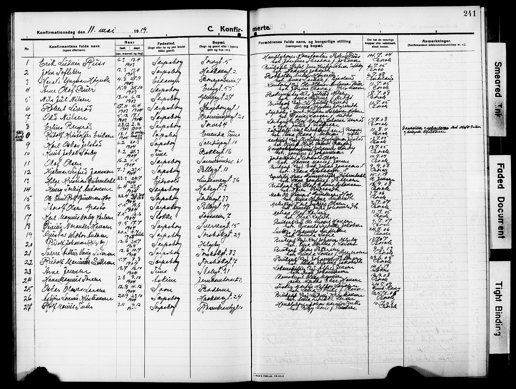 Sarpsborg prestekontor Kirkebøker, AV/SAO-A-2006/G/Ga/L0002: Parish register (copy) no. 2, 1912-1931, p. 241