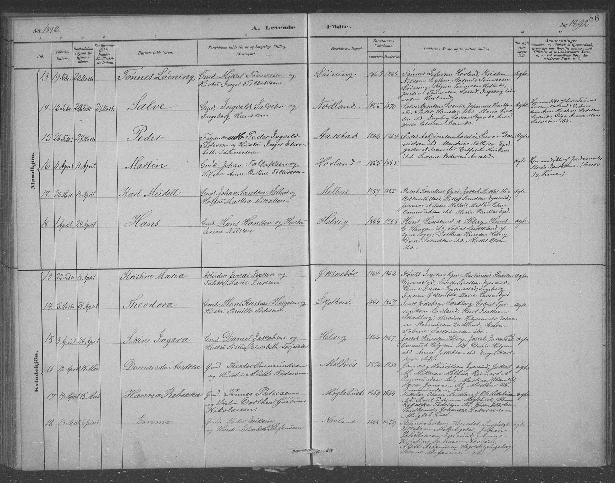 Eigersund sokneprestkontor, AV/SAST-A-101807/S09/L0007: Parish register (copy) no. B 7, 1882-1892, p. 86