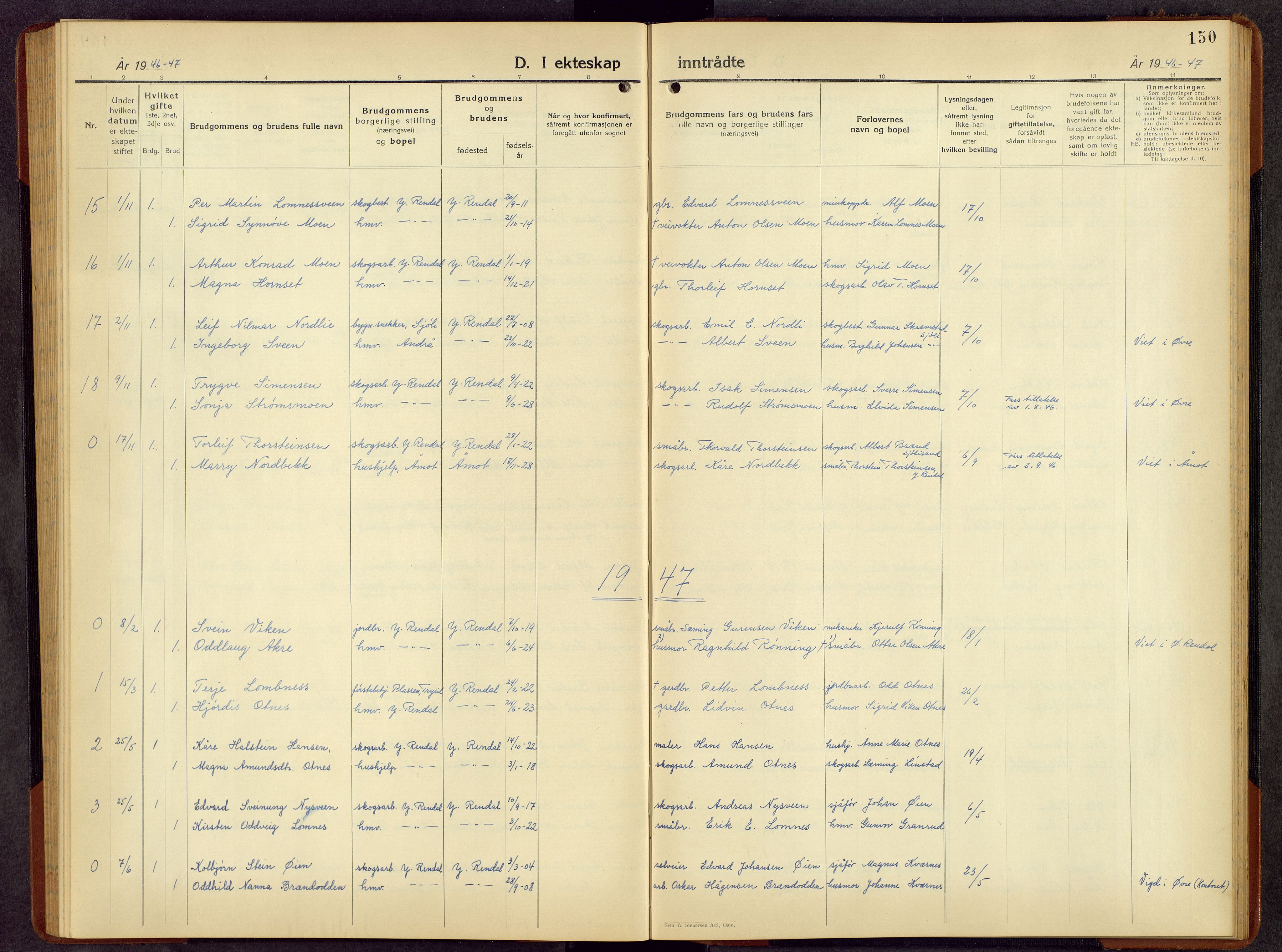 Rendalen prestekontor, AV/SAH-PREST-054/H/Ha/Hab/L0006: Parish register (copy) no. 6, 1941-1958, p. 150