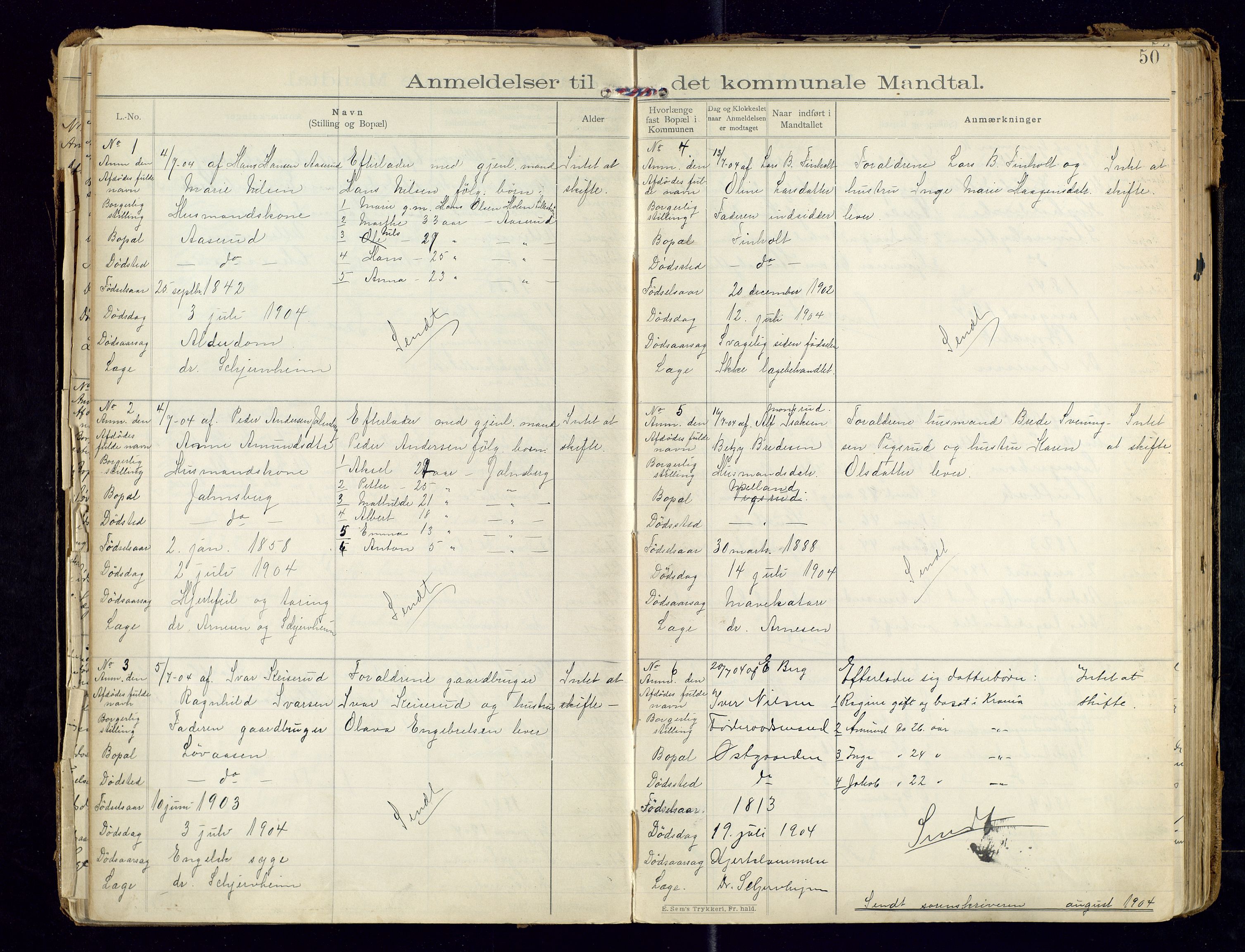 Sør-Odal lensmannskontor, AV/SAH-LHS-022/H/Hb/L0001/0002: Protokoller over anmeldte dødsfall / Protokoll over anmeldte dødsfall, 1901-1913, p. 50