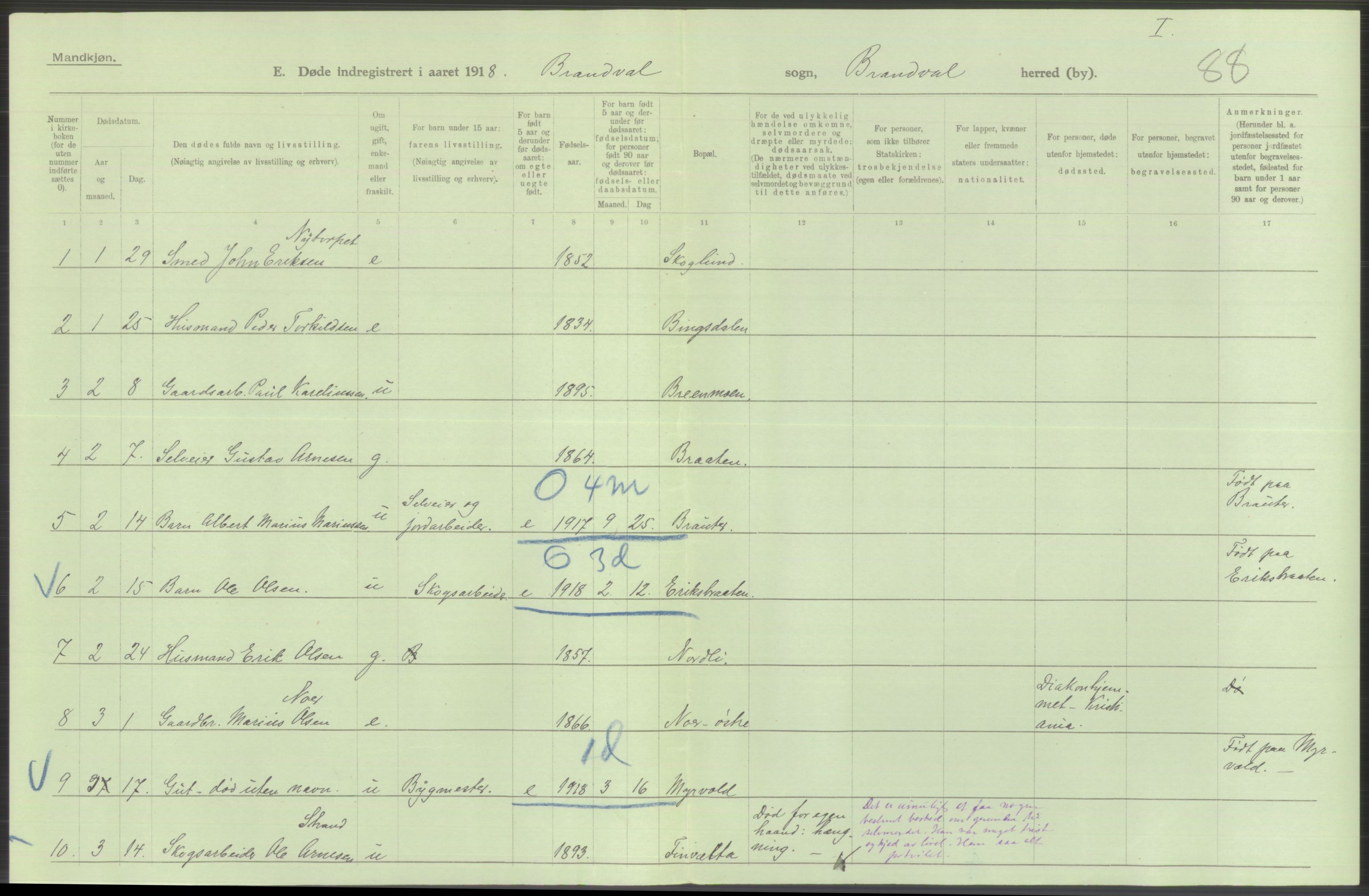 Statistisk sentralbyrå, Sosiodemografiske emner, Befolkning, RA/S-2228/D/Df/Dfb/Dfbh/L0014: Hedemarkens fylke: Døde. Bygder og byer., 1918, p. 490