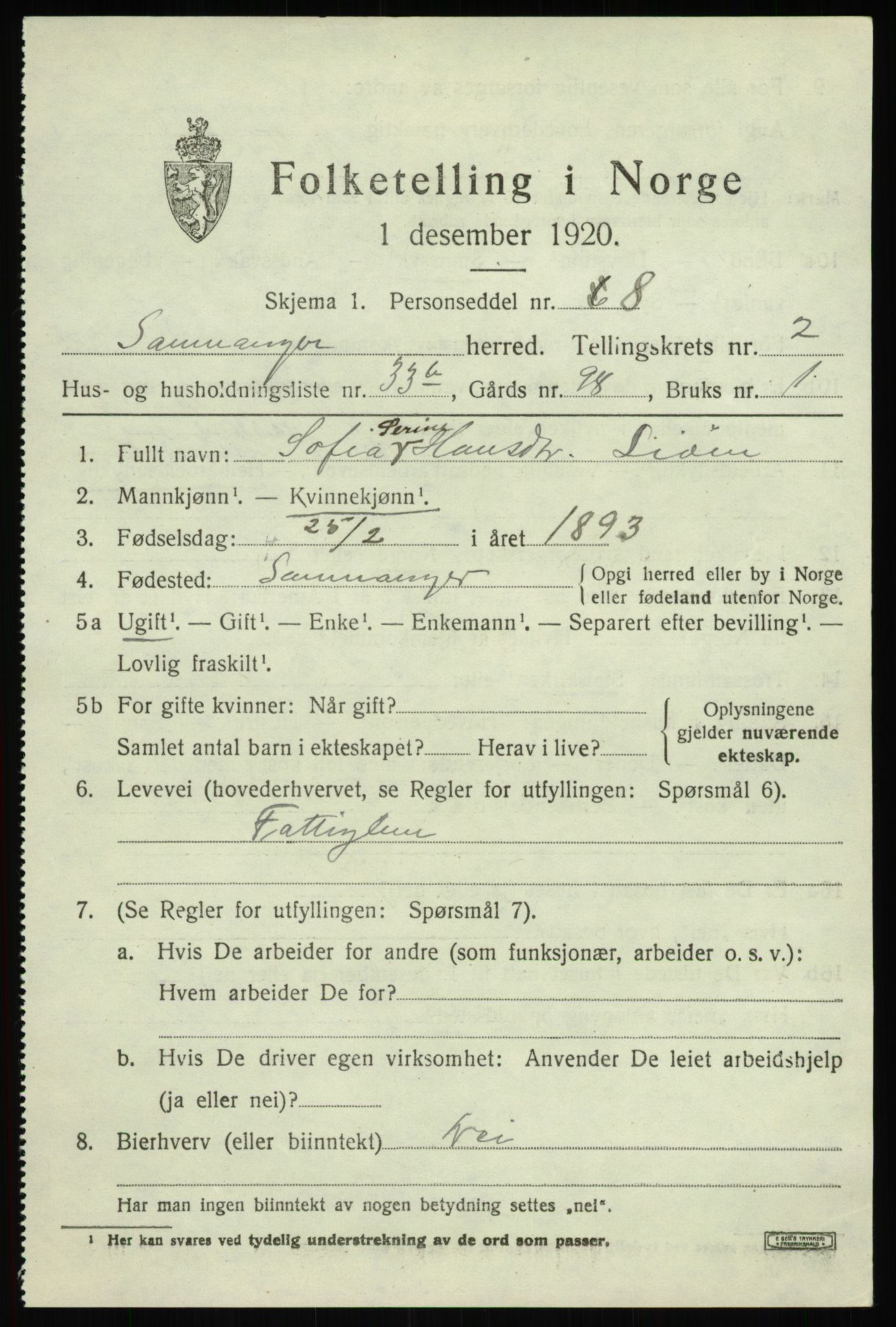 SAB, 1920 census for Samnanger, 1920, p. 1491