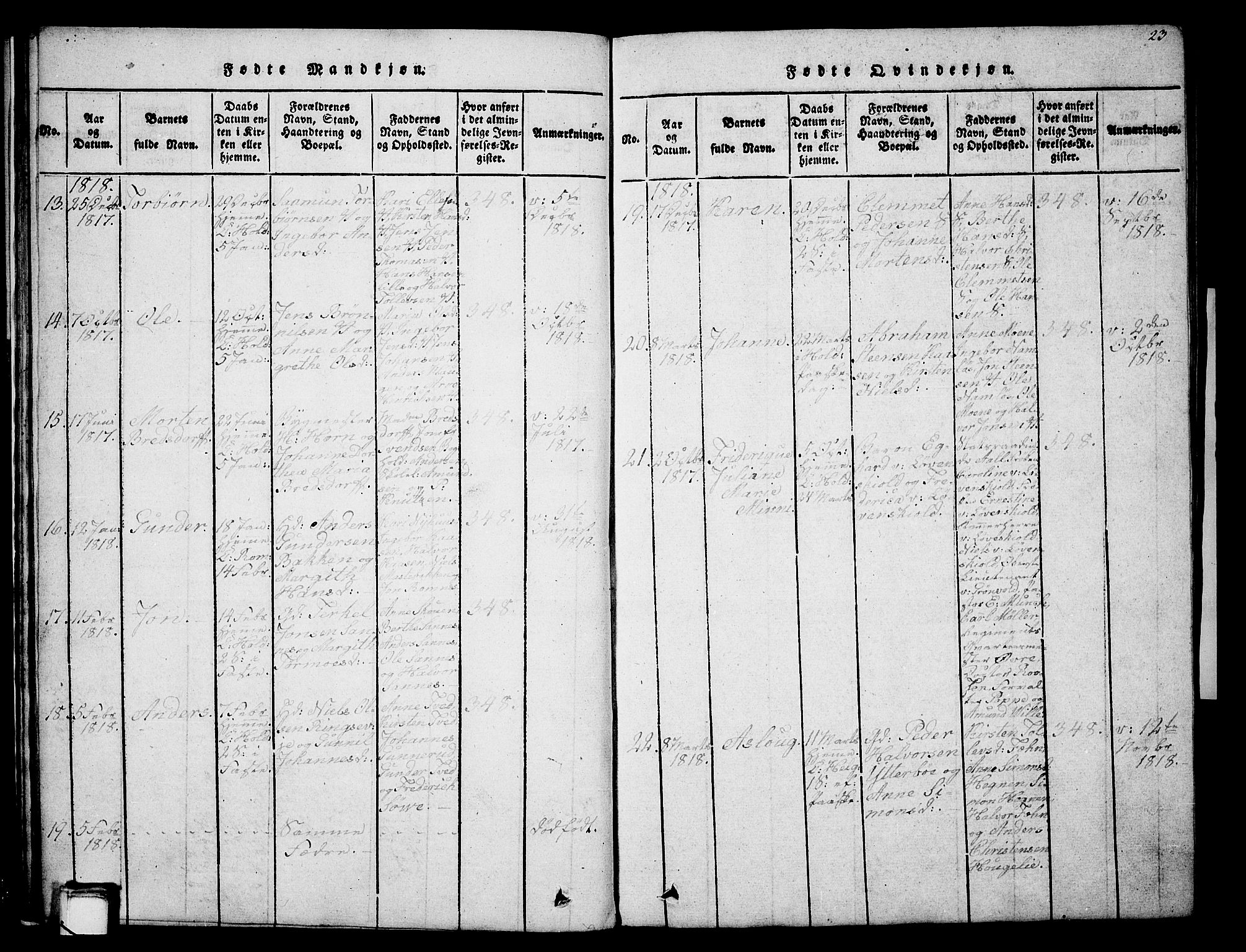 Holla kirkebøker, SAKO/A-272/G/Ga/L0001: Parish register (copy) no. I 1, 1814-1830, p. 23